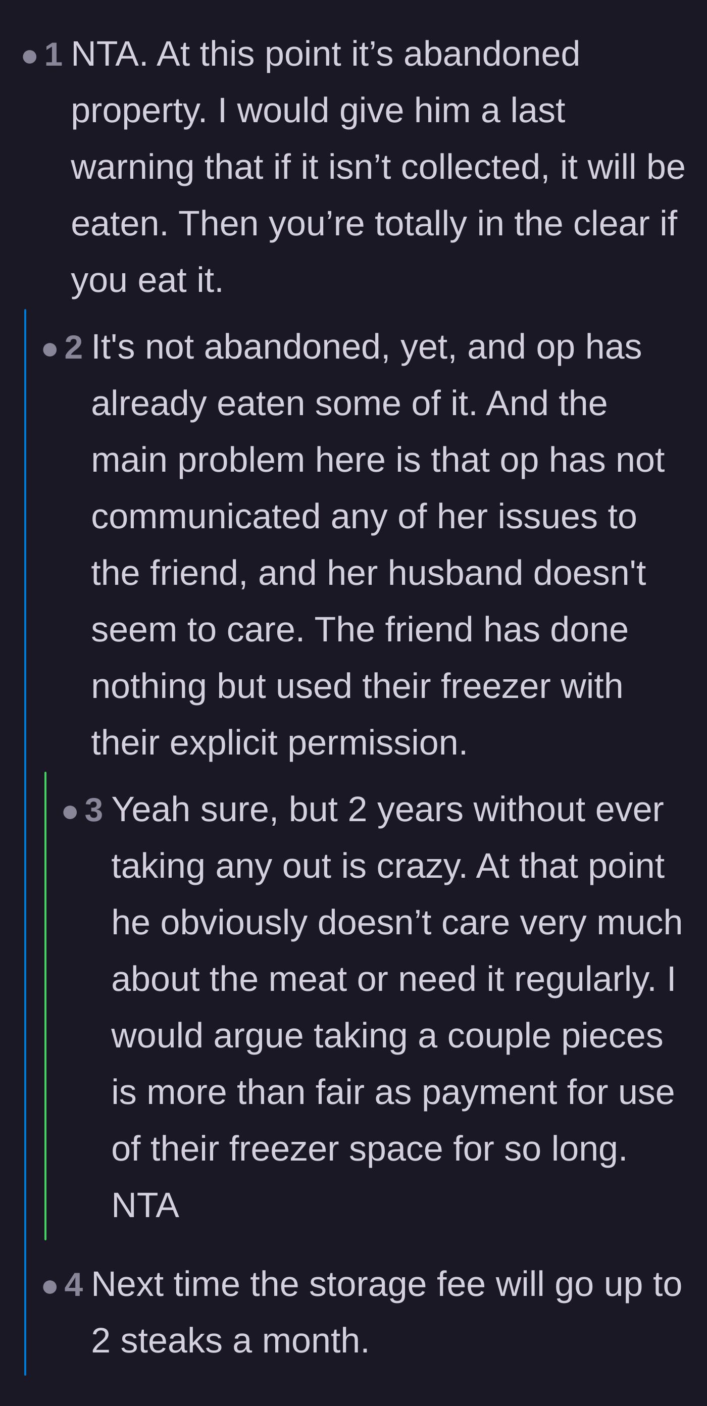 Comment thread 2 - A debate on whether two years constitutes legally abandoned property and charging steak as rent.