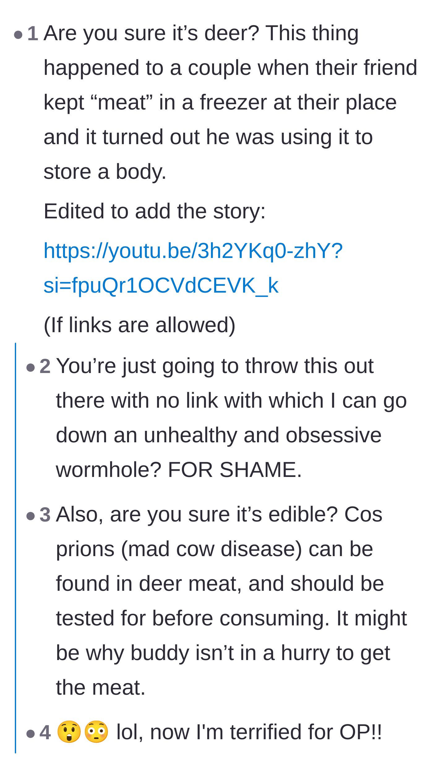 Comment thread 4 - Speculation about true crime scenarios and the dangers of deer diseases like CWD.