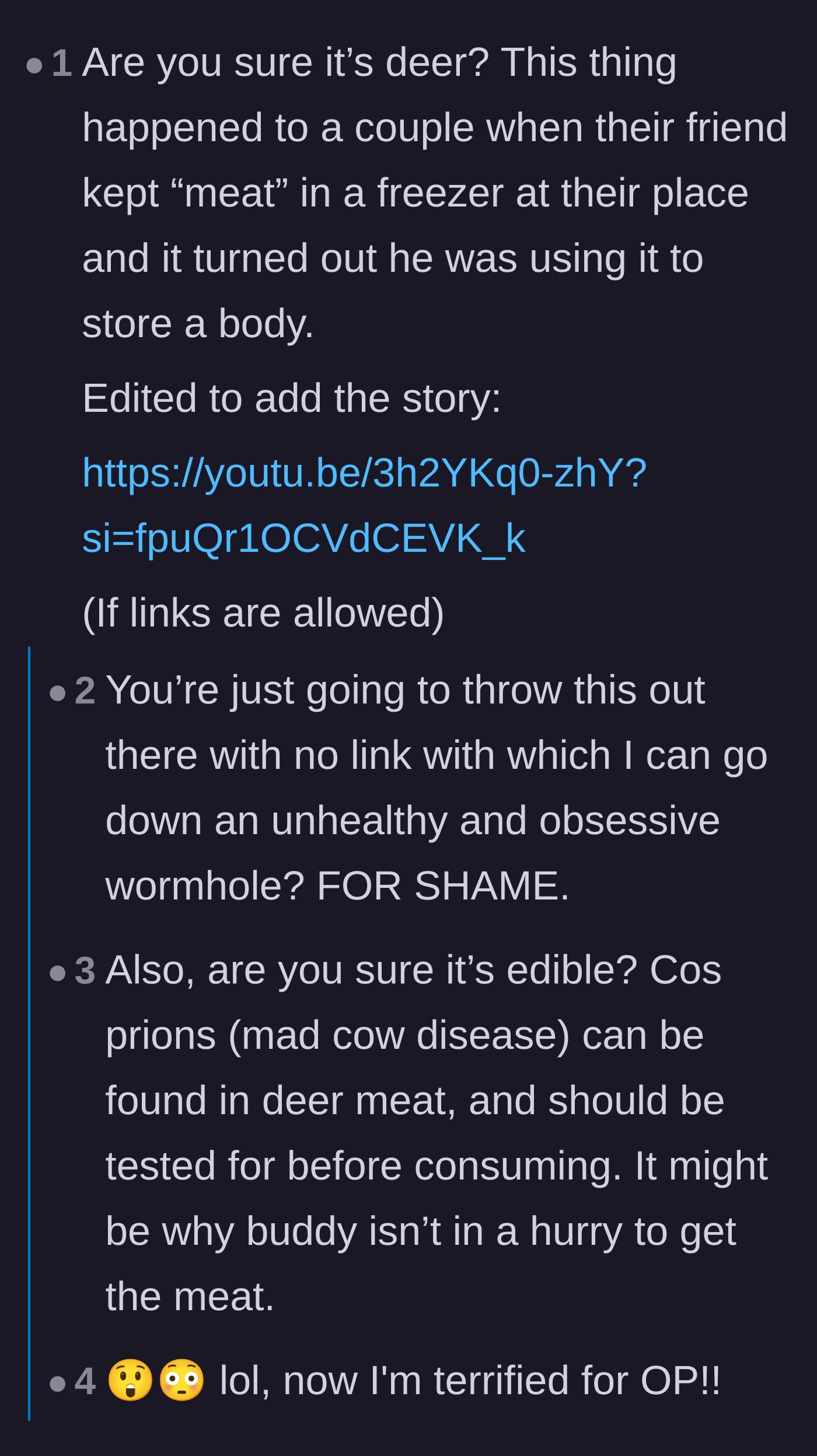 Comment thread 4 - Speculation about true crime scenarios and the dangers of deer diseases like CWD.