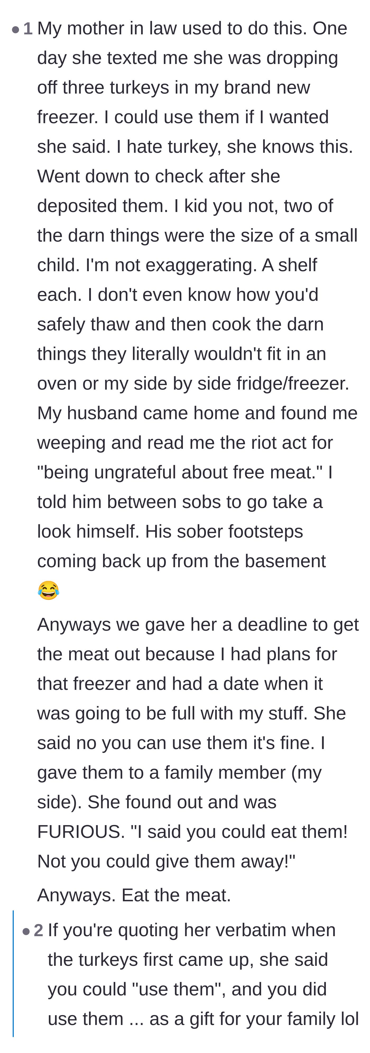 Comment thread 5 - A user shares a similar story about a mother-in-law filling a freezer with giant turkeys.