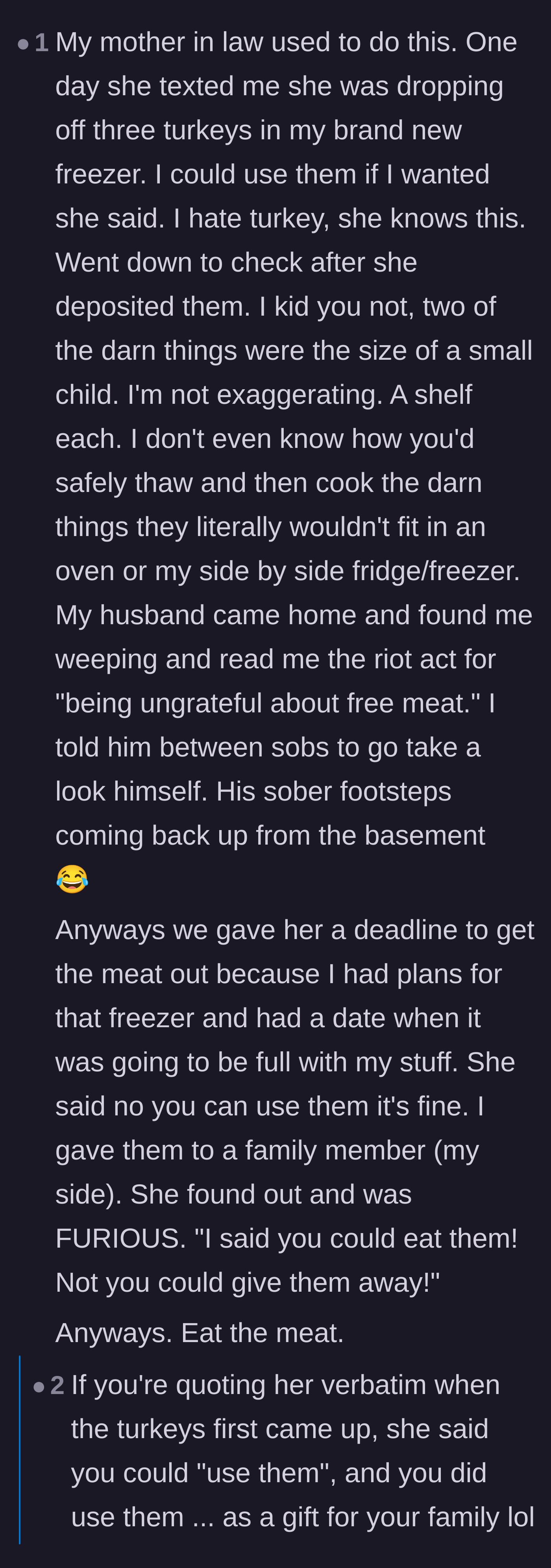 Comment thread 5 - A user shares a similar story about a mother-in-law filling a freezer with giant turkeys.