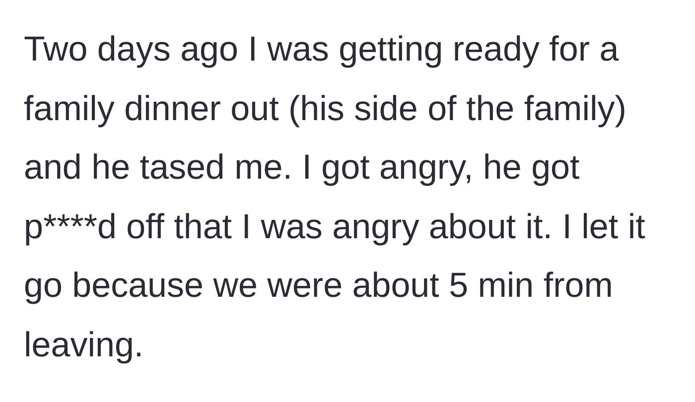 Story part 5 - Husband jabs her right before leaving for a family dinner, causing another brief argument that she shelves to keep the peace.