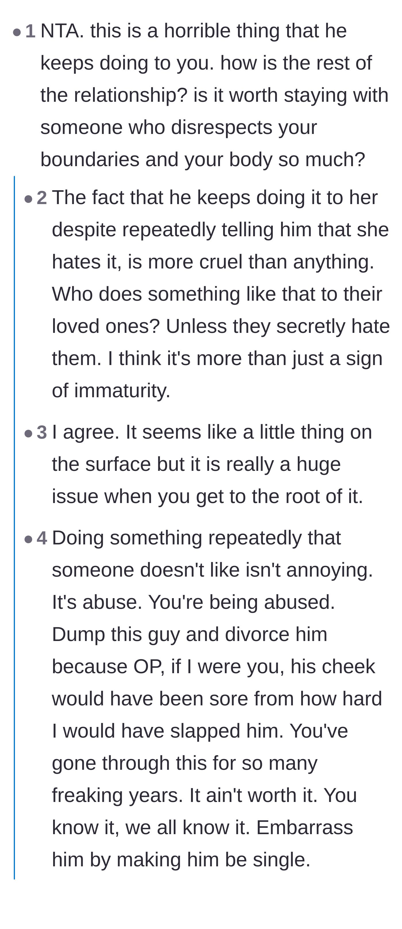 Comment thread 1 - A discussion on how ignoring boundaries is a sign of dominance and emotional abuse, with users suggesting physical retaliation.
