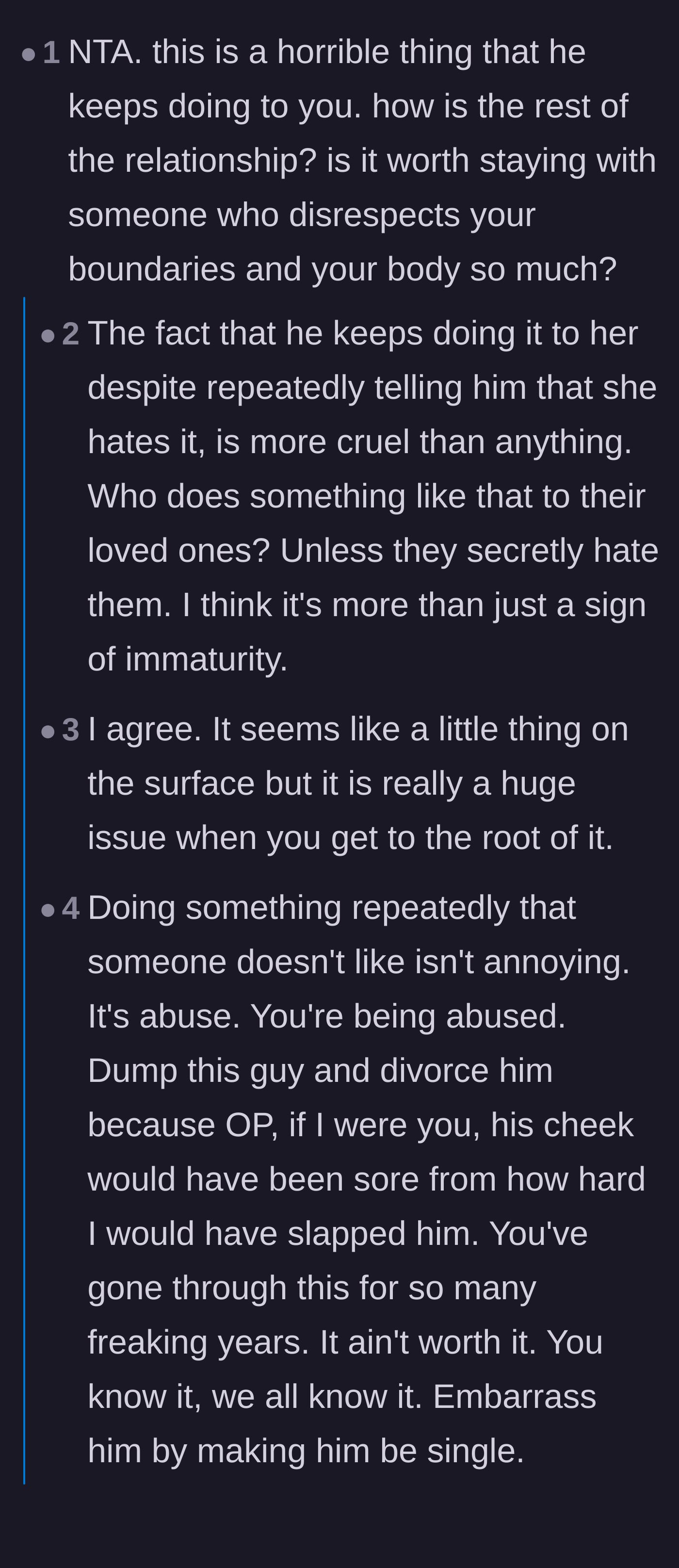 Comment thread 1 - A discussion on how ignoring boundaries is a sign of dominance and emotional abuse, with users suggesting physical retaliation.