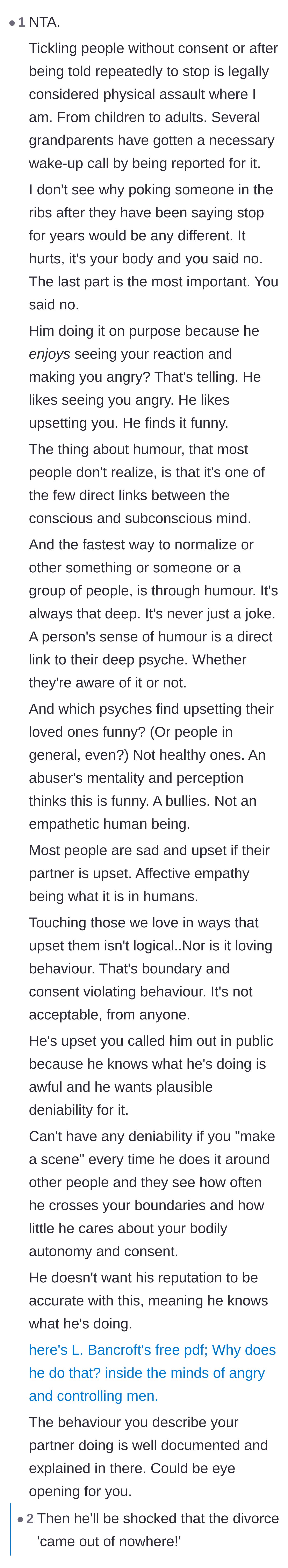 Comment thread 2 - A deep dive into the psychology of humor, explaining that crossing boundaries for a 'joke' is a hallmark of a controlling, abusive mentality.