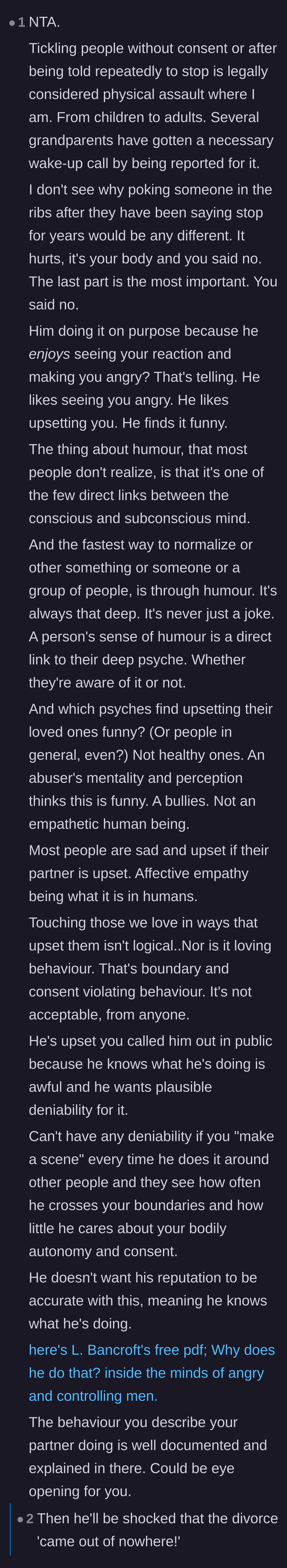Comment thread 2 - A deep dive into the psychology of humor, explaining that crossing boundaries for a 'joke' is a hallmark of a controlling, abusive mentality.