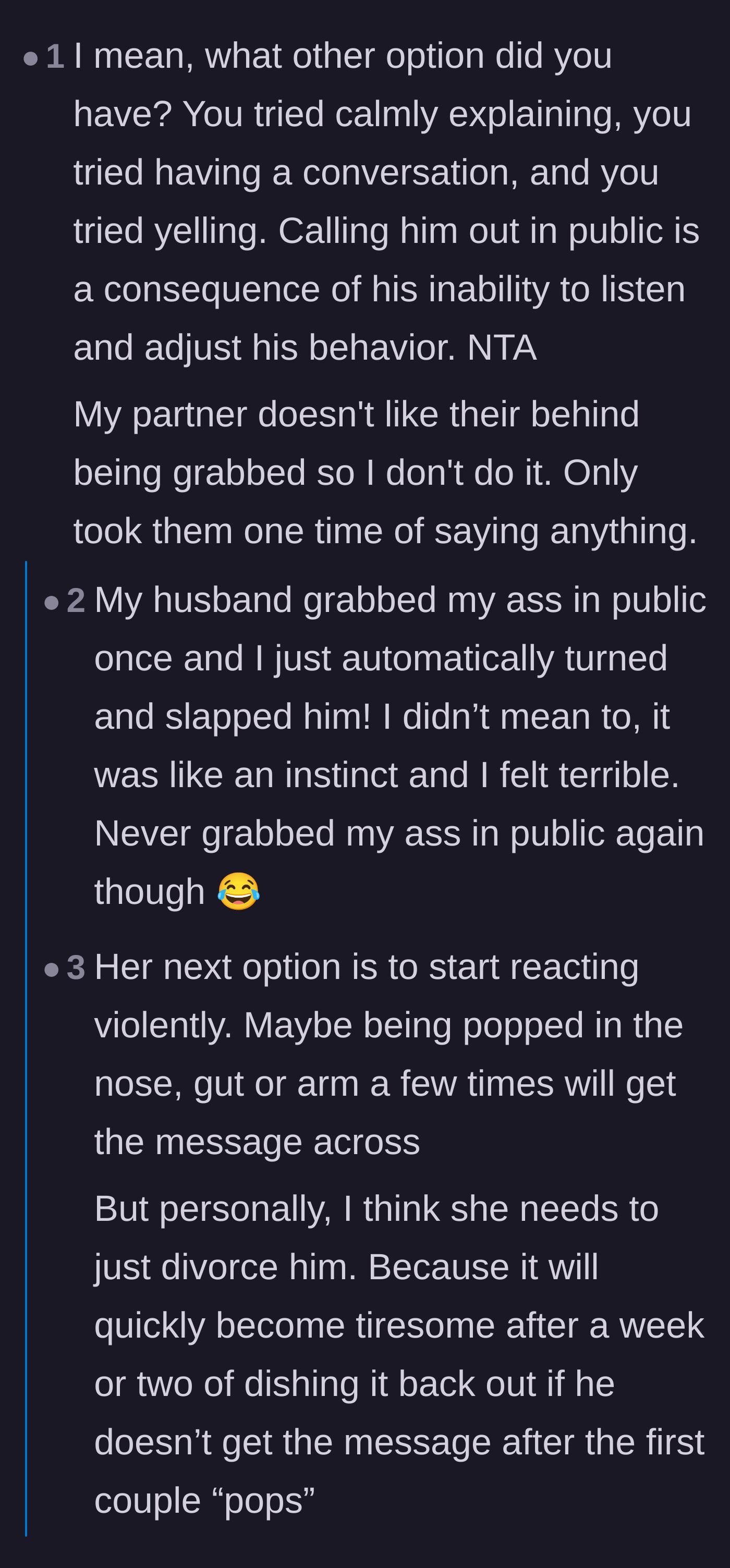 Comment thread 4 - Commenters validating her public reaction as the only remaining consequence, sharing personal stories of strictly enforcing physical boundaries.