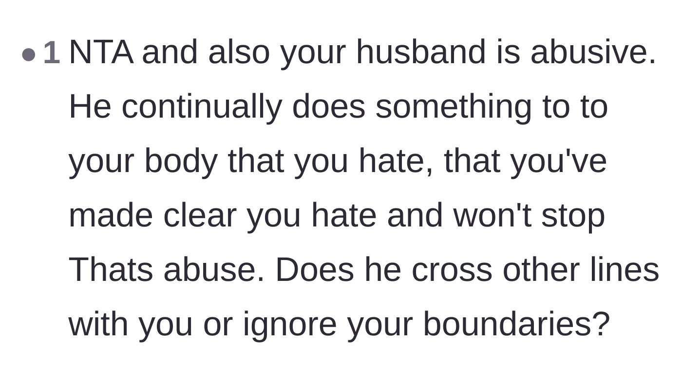 Comment thread 5 - A blunt statement labeling the husband's continuous boundary-crossing as literal physical abuse.