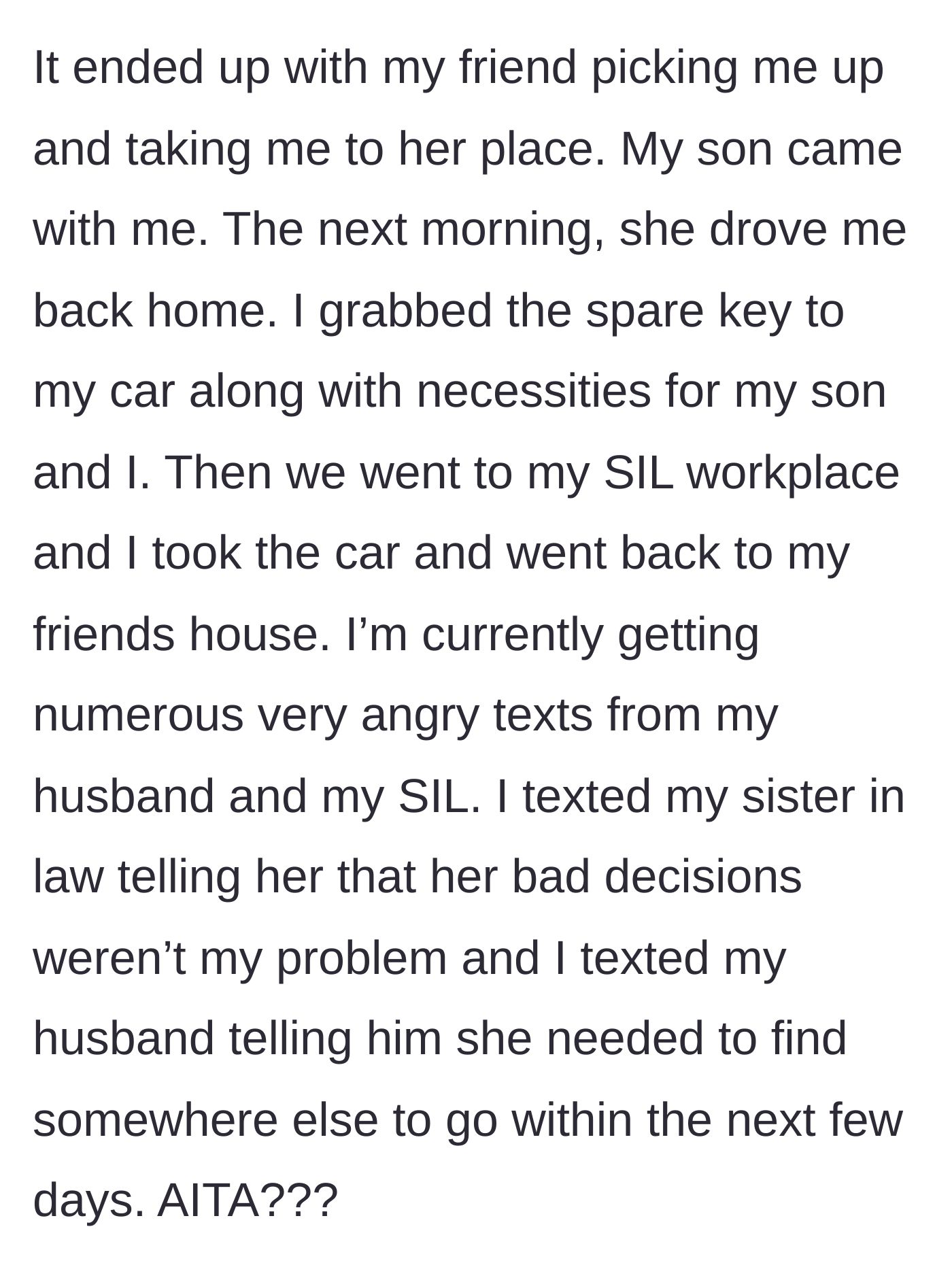 Story part 6 - The wife executes a brilliant rescue mission, using a spare key to reclaim her car from her sister-in-law's workplace.