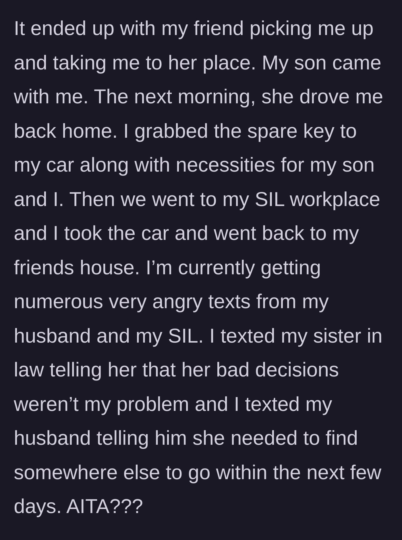 Story part 6 - The wife executes a brilliant rescue mission, using a spare key to reclaim her car from her sister-in-law's workplace.