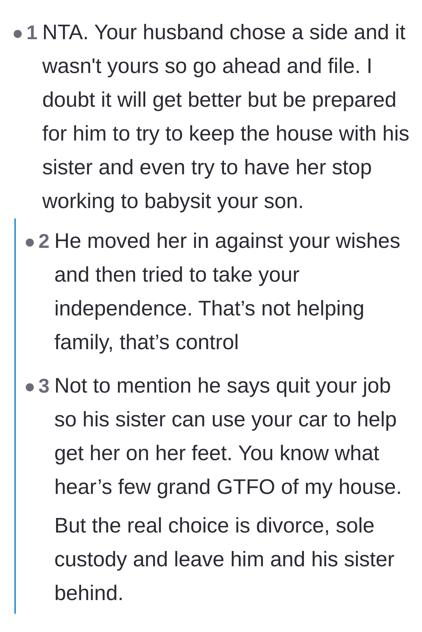 Comment thread 1 - Comment thread advising the wife to file for divorce secretly and warning her not to give her husband any ultimatums.