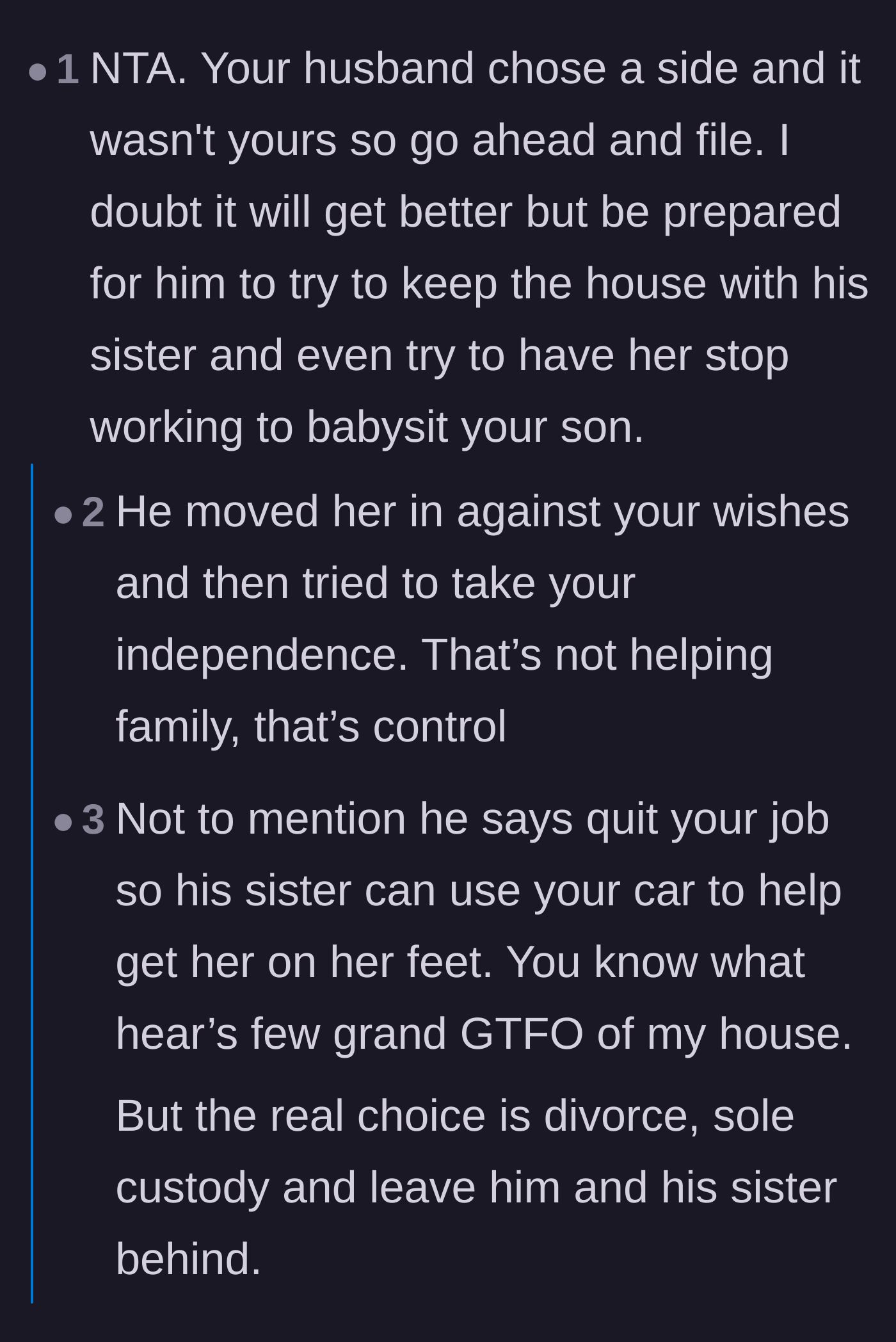 Comment thread 1 - Comment thread advising the wife to file for divorce secretly and warning her not to give her husband any ultimatums.