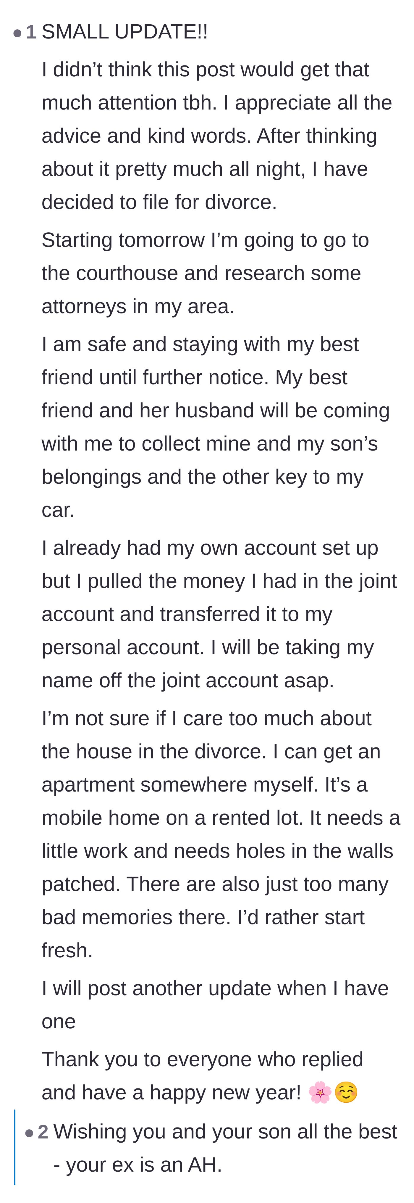 Comment thread 3 - The original poster's update announcing she is safe, has separated her finances, and is officially filing for divorce.