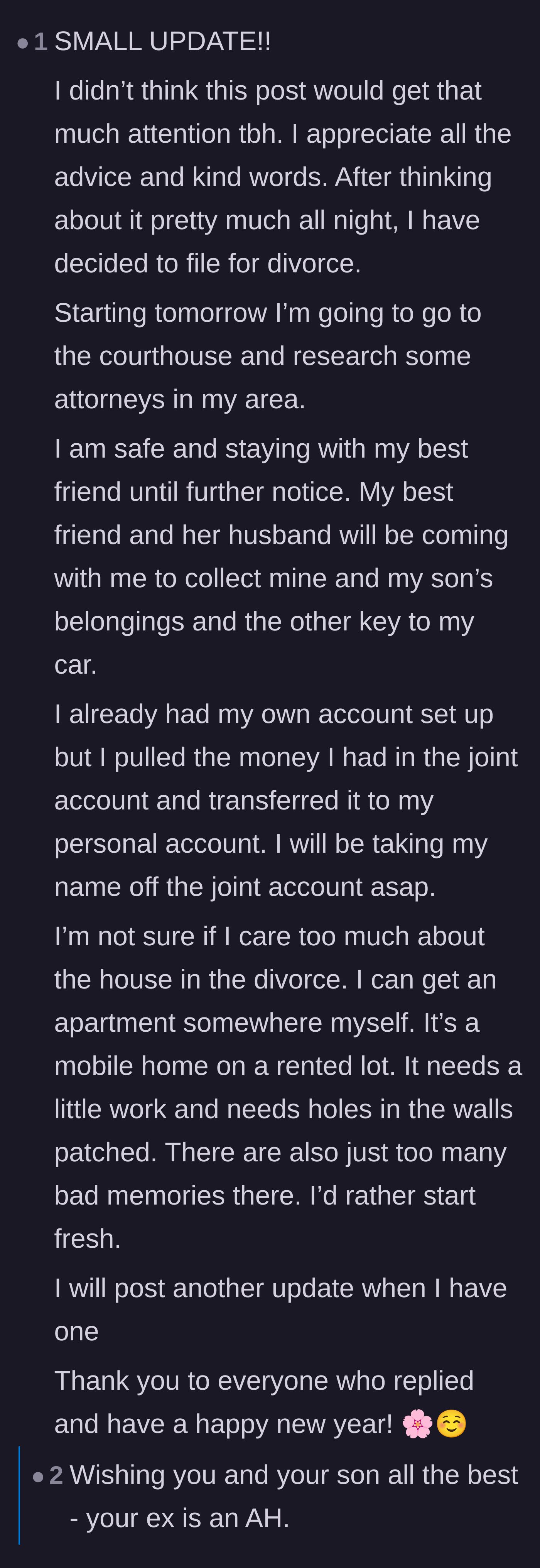 Comment thread 3 - The original poster's update announcing she is safe, has separated her finances, and is officially filing for divorce.