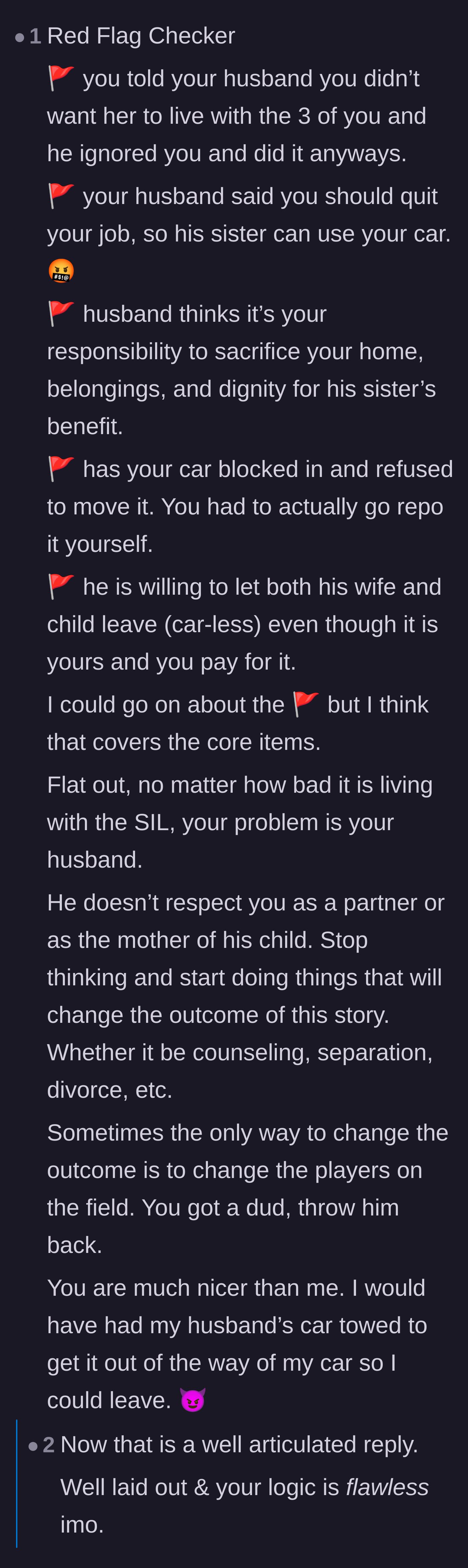 Comment thread 5 - A detailed list of red flags breaking down exactly how the husband failed as a partner.