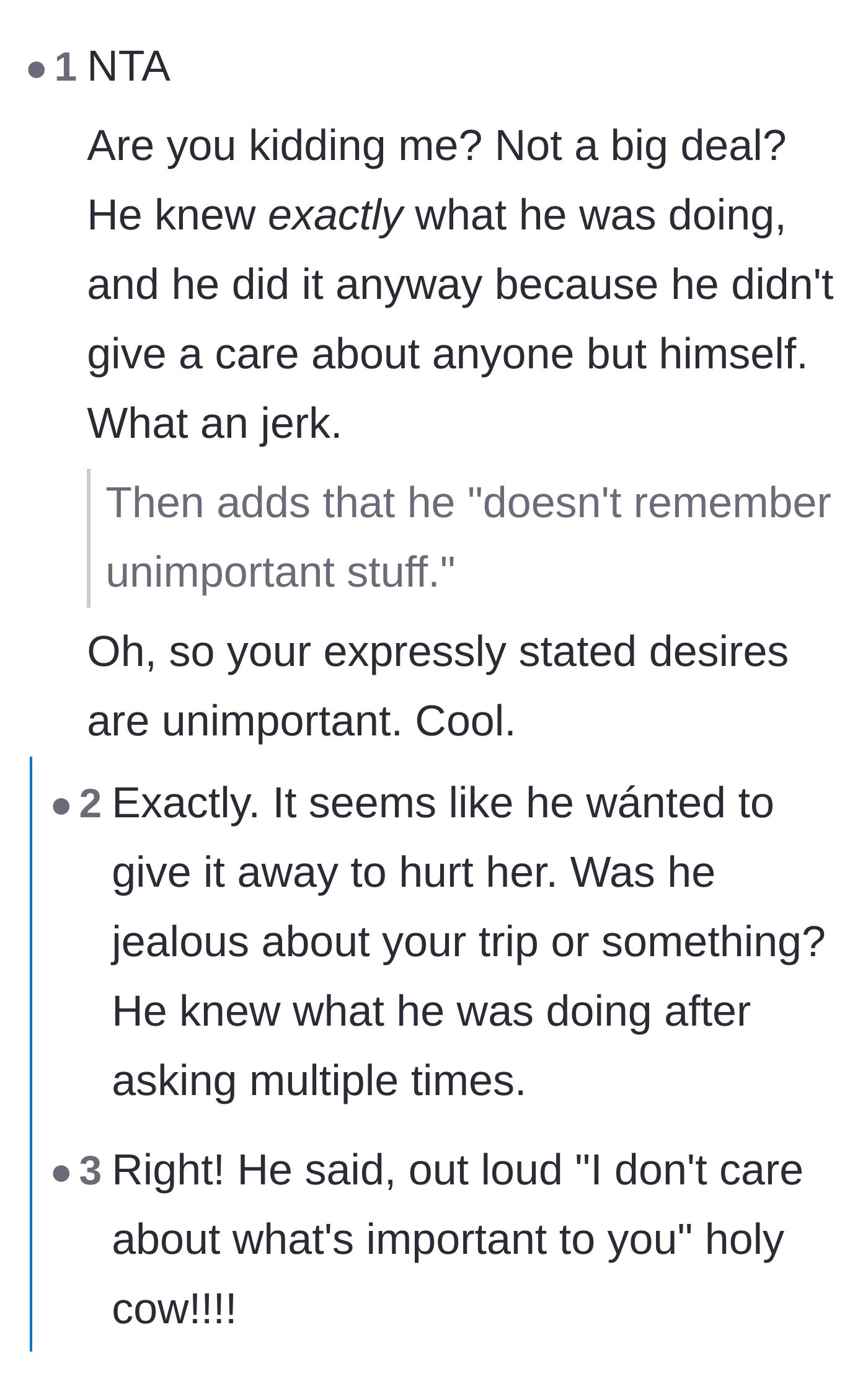 Comment thread 1 - Readers analyzing the husband's need to perform generosity for his friends at his wife's expense.