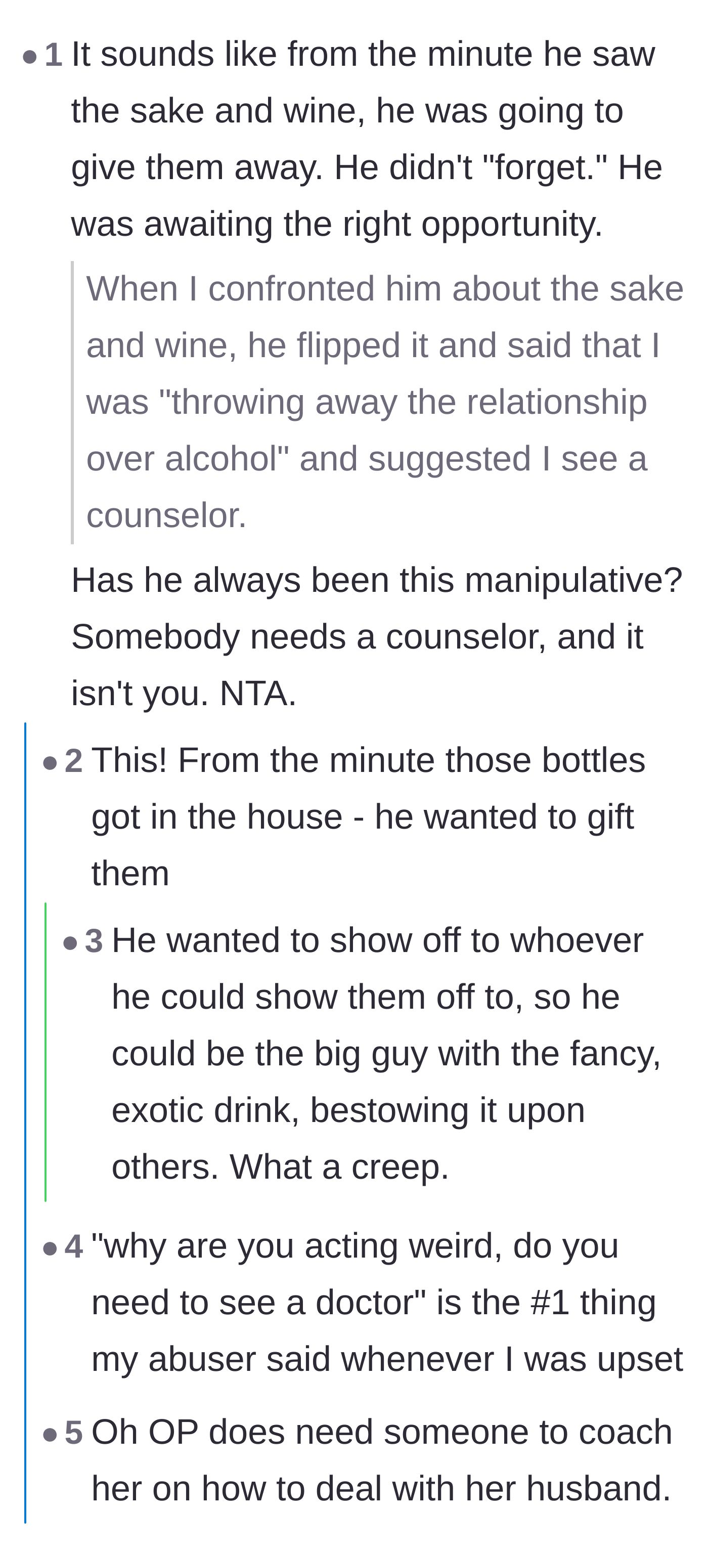 Comment thread 5 - Readers calling out the husband's premeditated actions and manipulative deflection tactics.