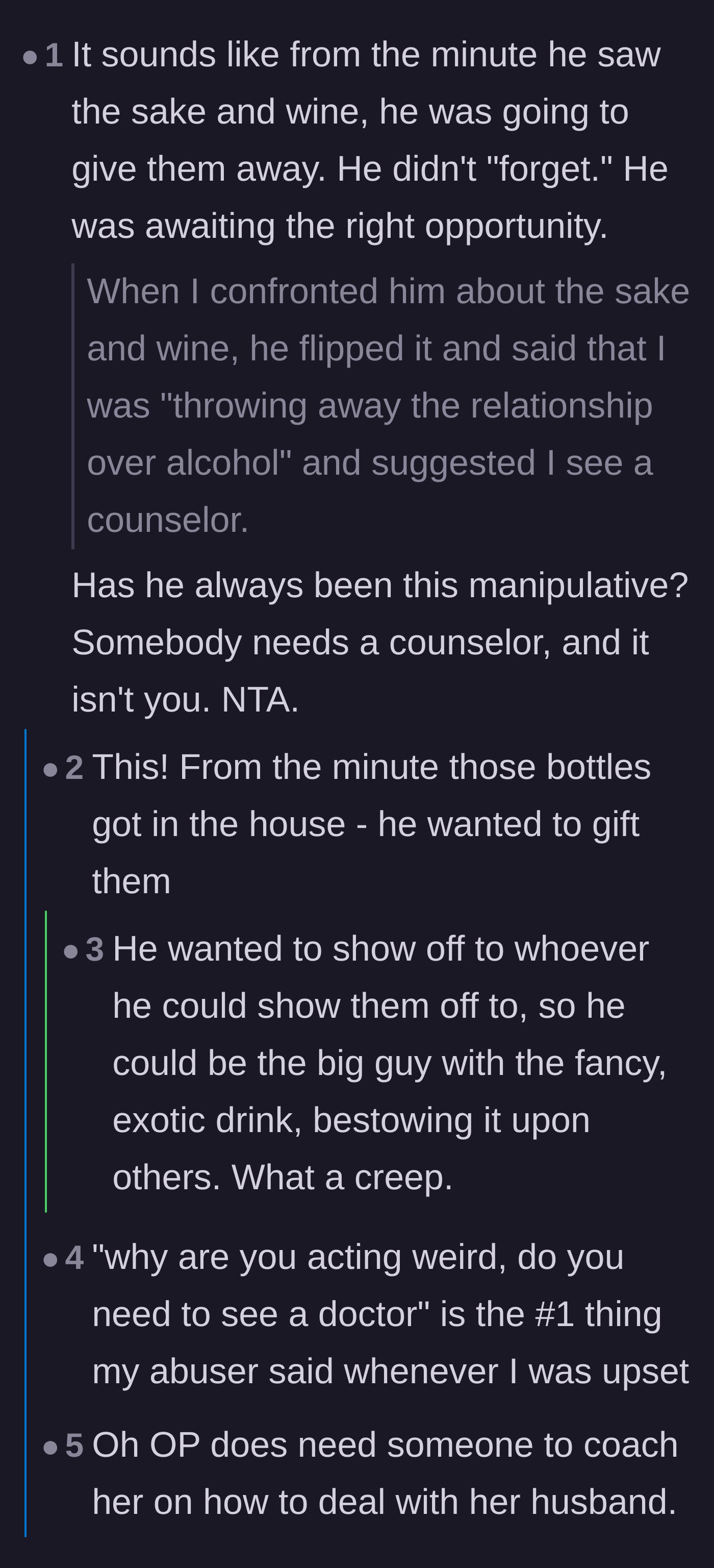 Comment thread 5 - Readers calling out the husband's premeditated actions and manipulative deflection tactics.