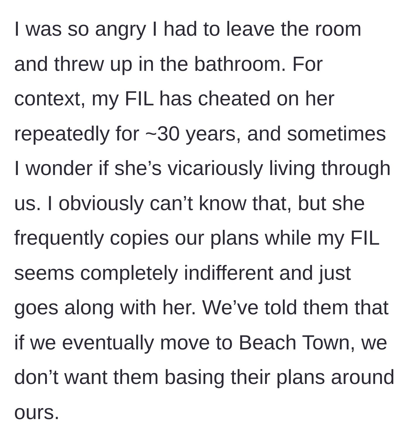 Story part 5 - The wife getting physically sick from anger while reflecting on her father-in-law's past infidelity and the mother-in-law's vicarious living.