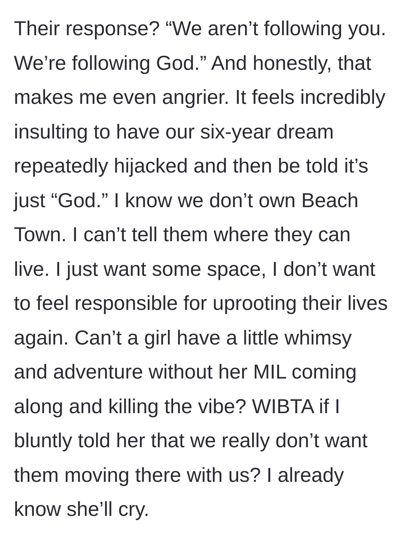Story part 6 - The mother-in-law doubling down on following God, leaving the wife desperate for space and considering setting a hard boundary.
