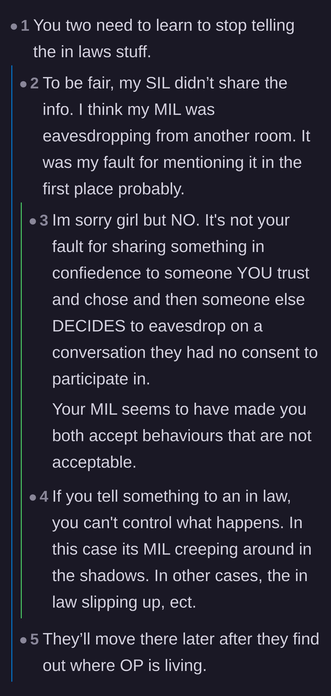Comment thread 3 - The disturbing revelation that the mother-in-law was secretly eavesdropping to steal the couple's plans.