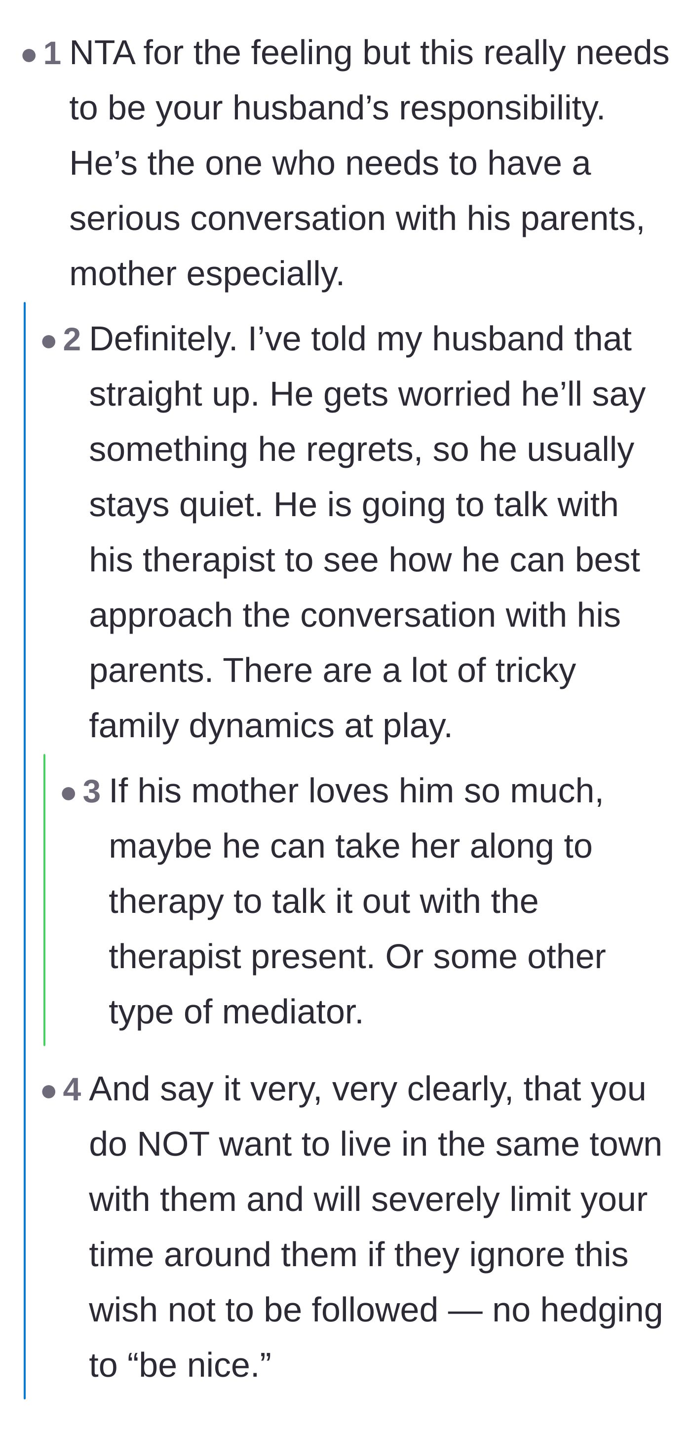 Comment thread 4 - Advice urging the husband to step up and set firm, direct boundaries with his parents.