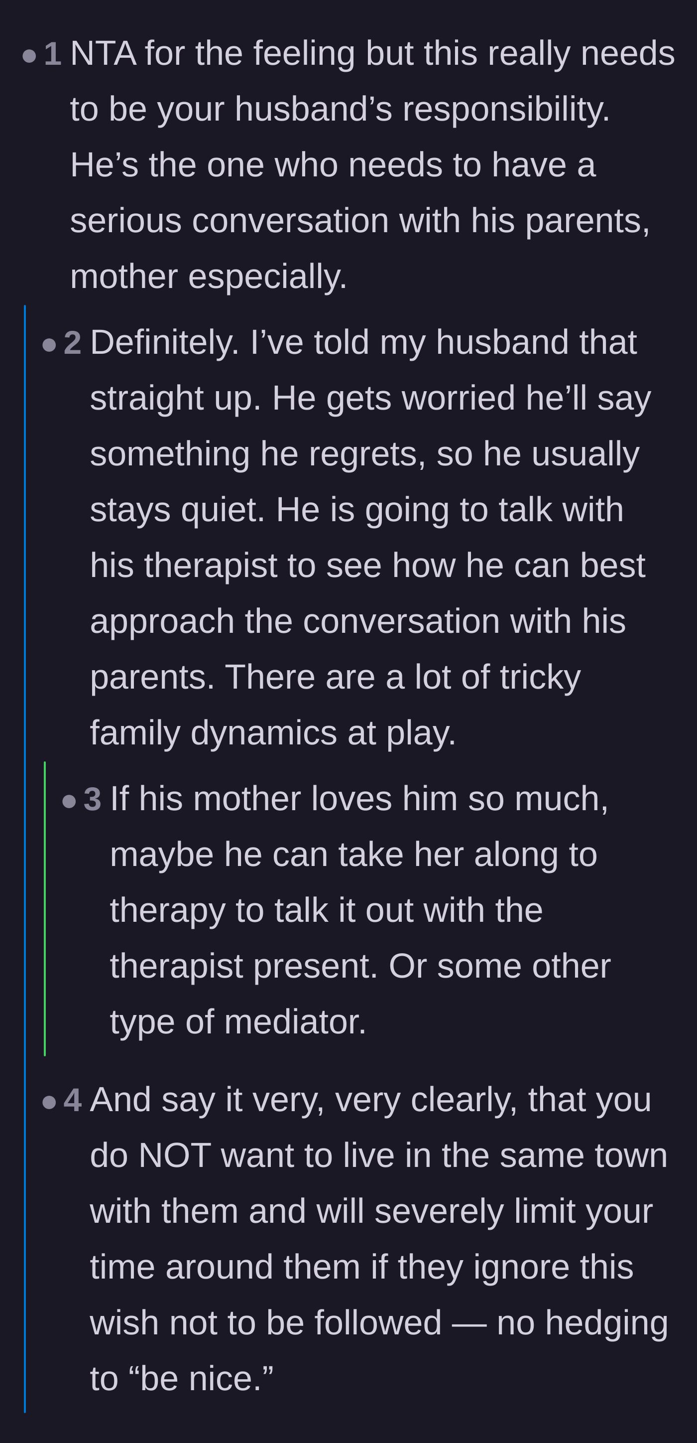 Comment thread 4 - Advice urging the husband to step up and set firm, direct boundaries with his parents.