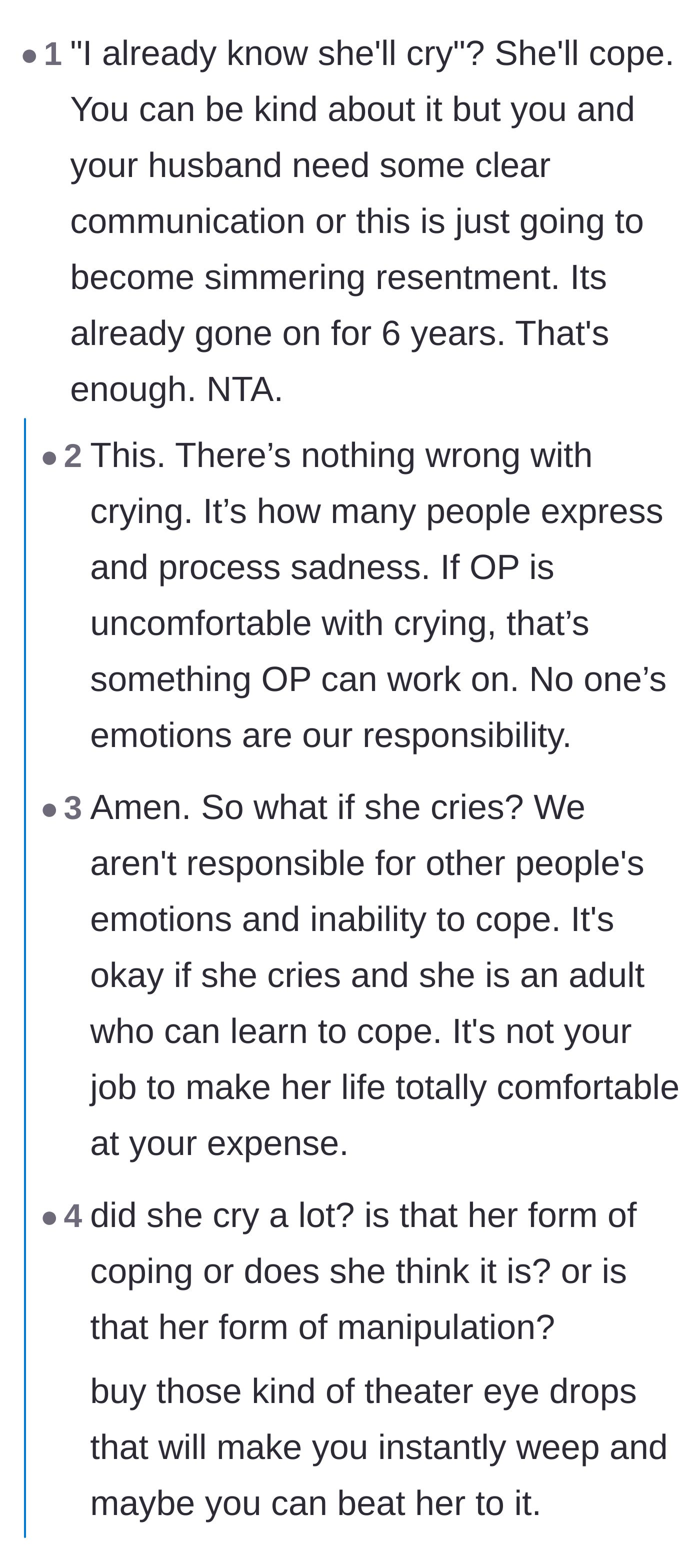 Comment thread 5 - Reminders that the mother-in-law's tears are her own responsibility to manage, not the couple's problem.