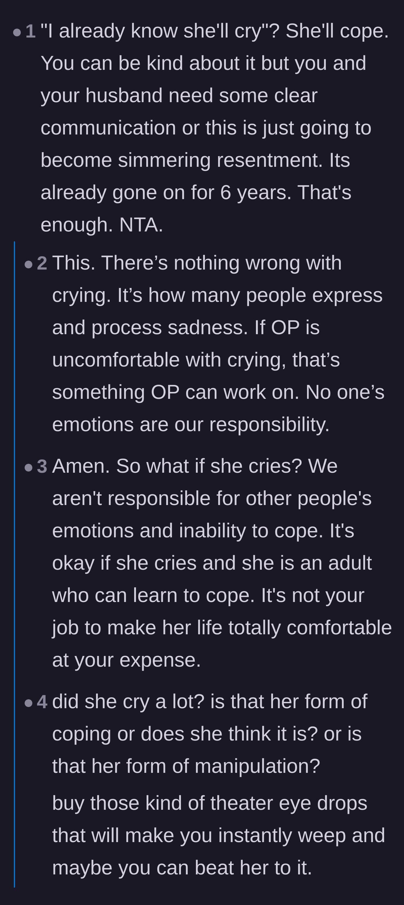 Comment thread 5 - Reminders that the mother-in-law's tears are her own responsibility to manage, not the couple's problem.