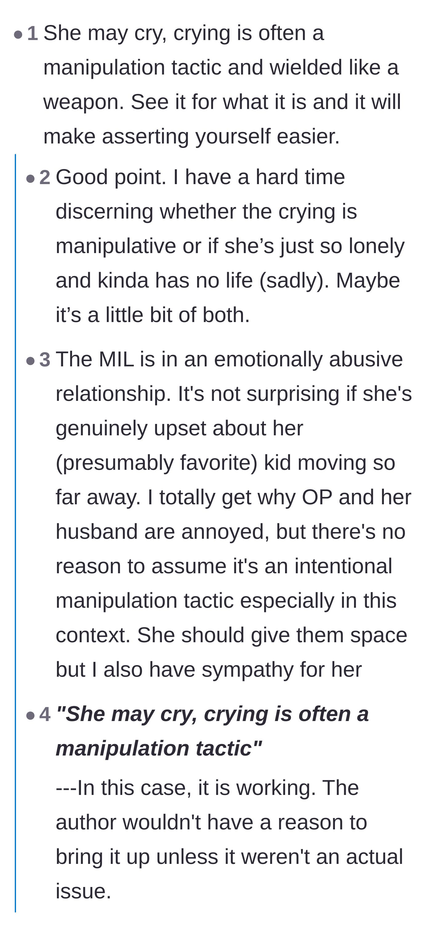 Comment thread 6 - A deep dive into whether the crying is manipulative or stems from loneliness, and why neither excuses the behavior.