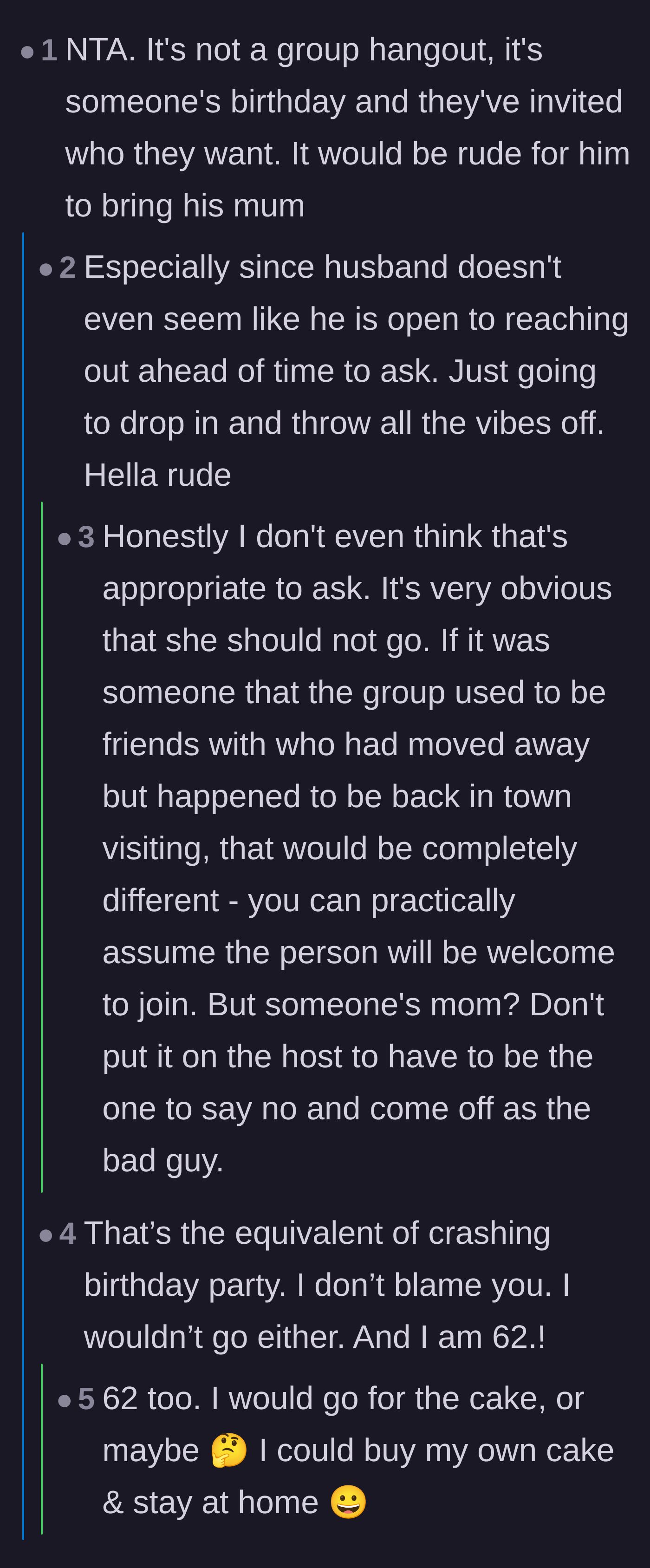 Comment thread 1 - Readers agreeing that crashing a birthday with an uninvited mother is rude and puts unfair pressure on the hosts.