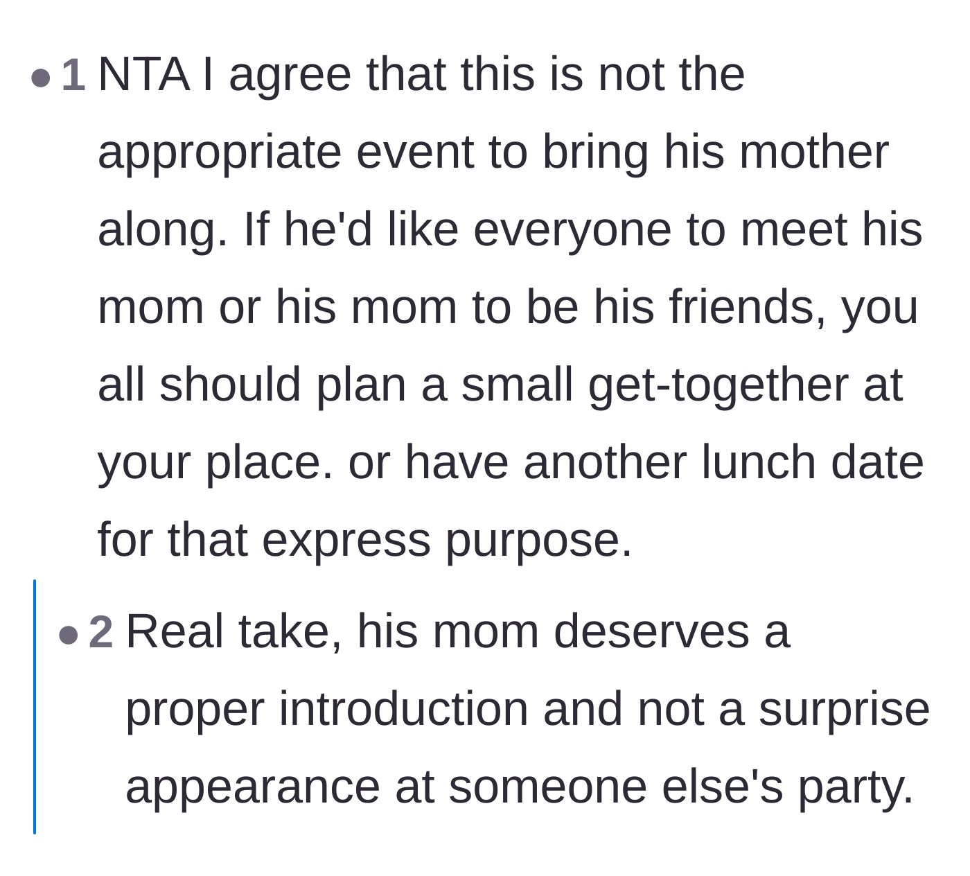 Comment thread 2 - Advice suggesting the husband should host his own separate event to introduce his mother to his friends.