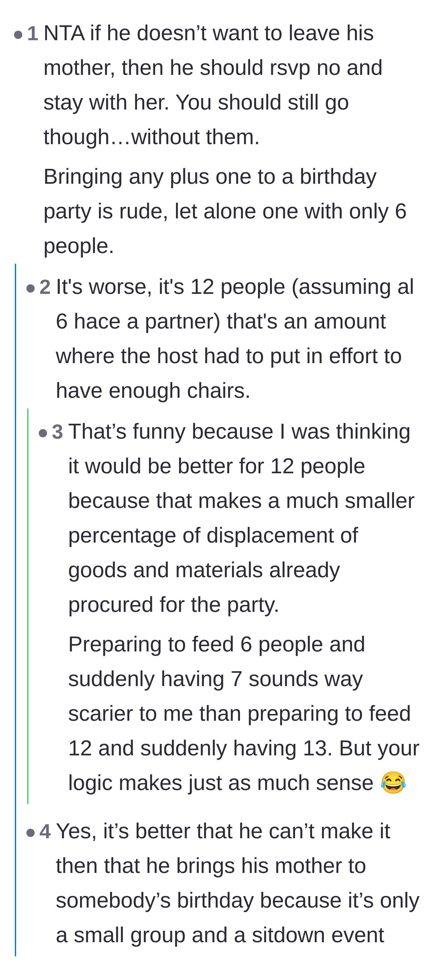 Comment thread 3 - A debate on the logistical nightmare of bringing an unexpected extra guest to a small, catered sit-down lunch.