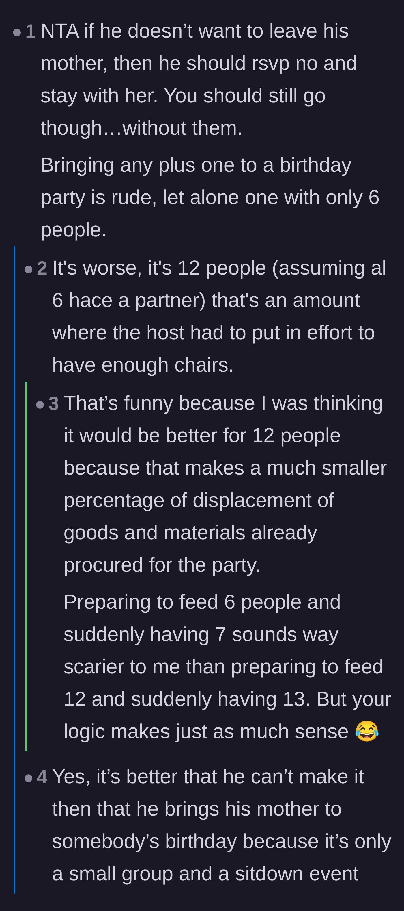Comment thread 3 - A debate on the logistical nightmare of bringing an unexpected extra guest to a small, catered sit-down lunch.