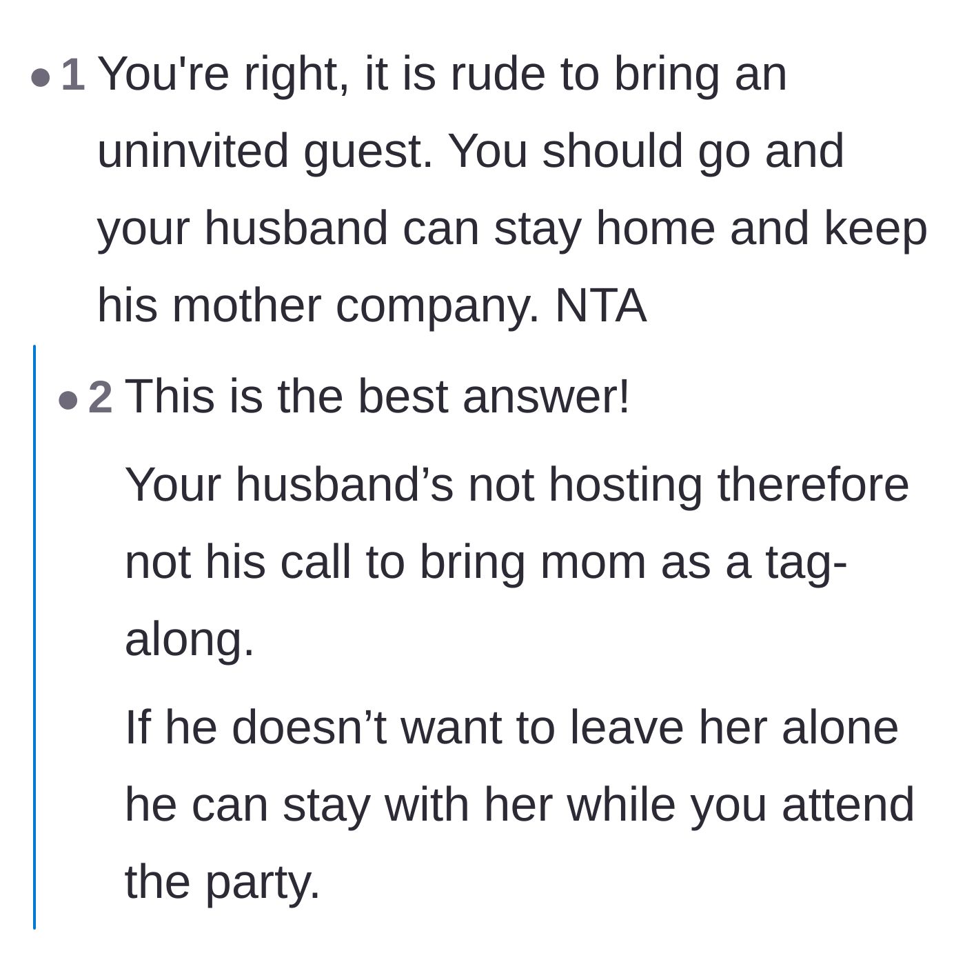 Comment thread 4 - Commenters advising the wife to attend the party solo while leaving the husband at home to babysit his mother.