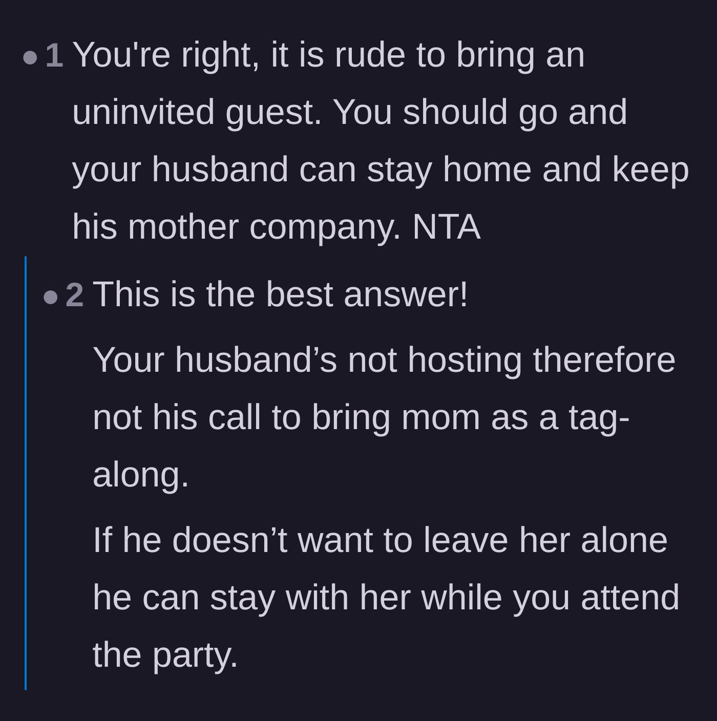 Comment thread 4 - Commenters advising the wife to attend the party solo while leaving the husband at home to babysit his mother.