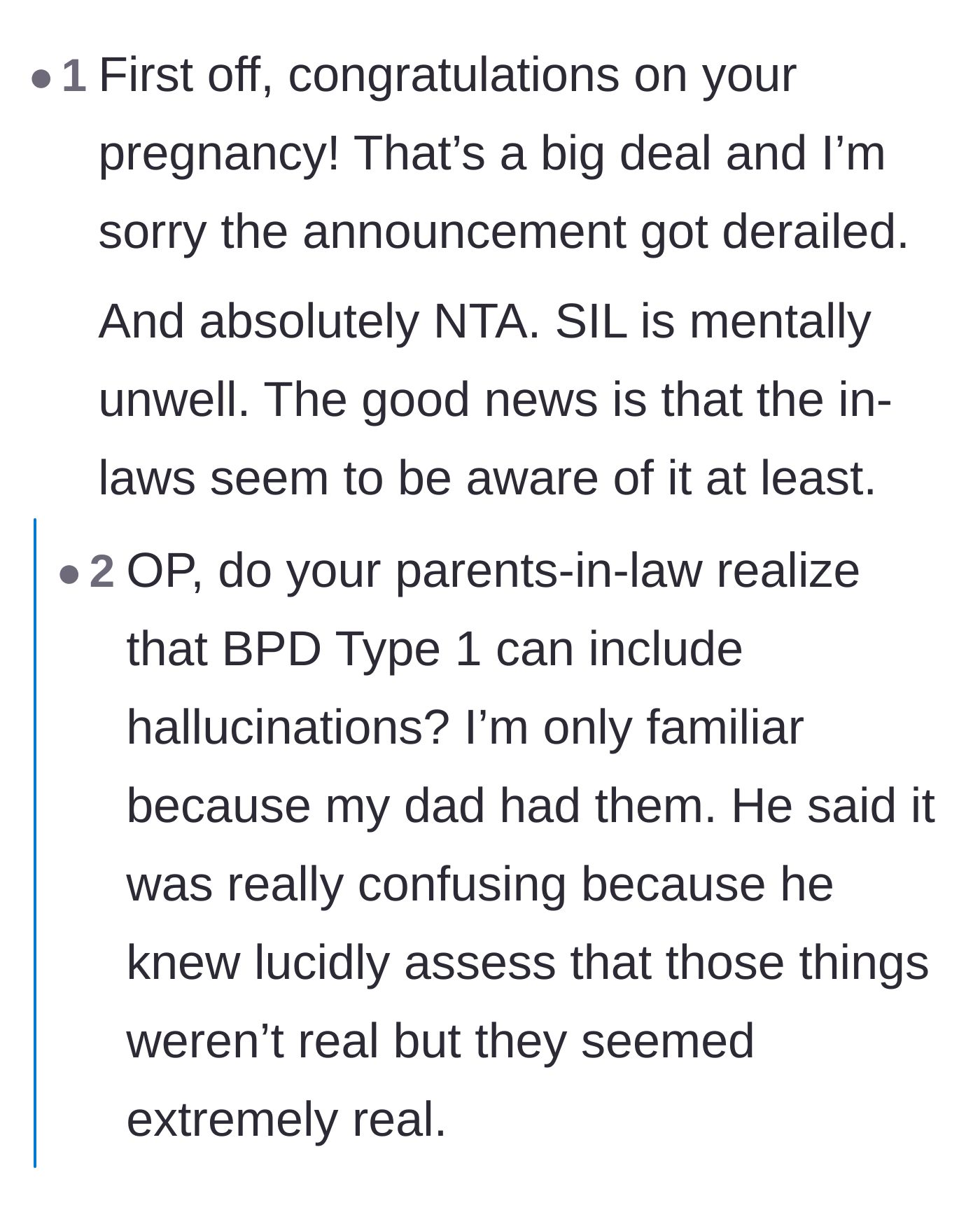 Comment thread 2 - Discussing the sister-in-law's severe mental illness and the ruined pregnancy announcement