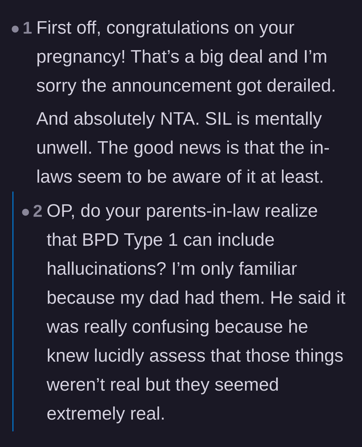 Comment thread 2 - Discussing the sister-in-law's severe mental illness and the ruined pregnancy announcement