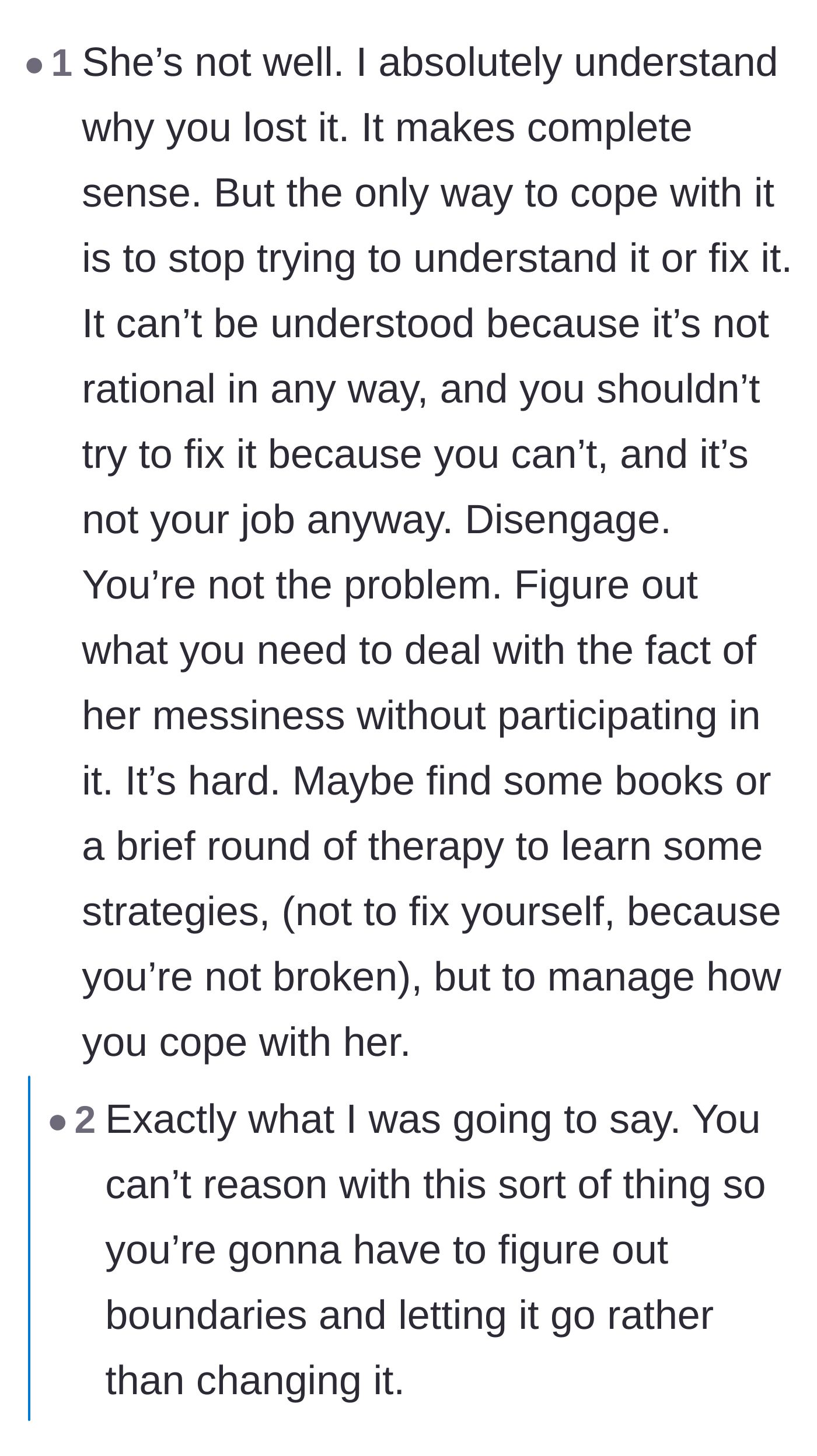 Comment thread 5 - Advice on letting go of the need to understand or fix irrational behavior