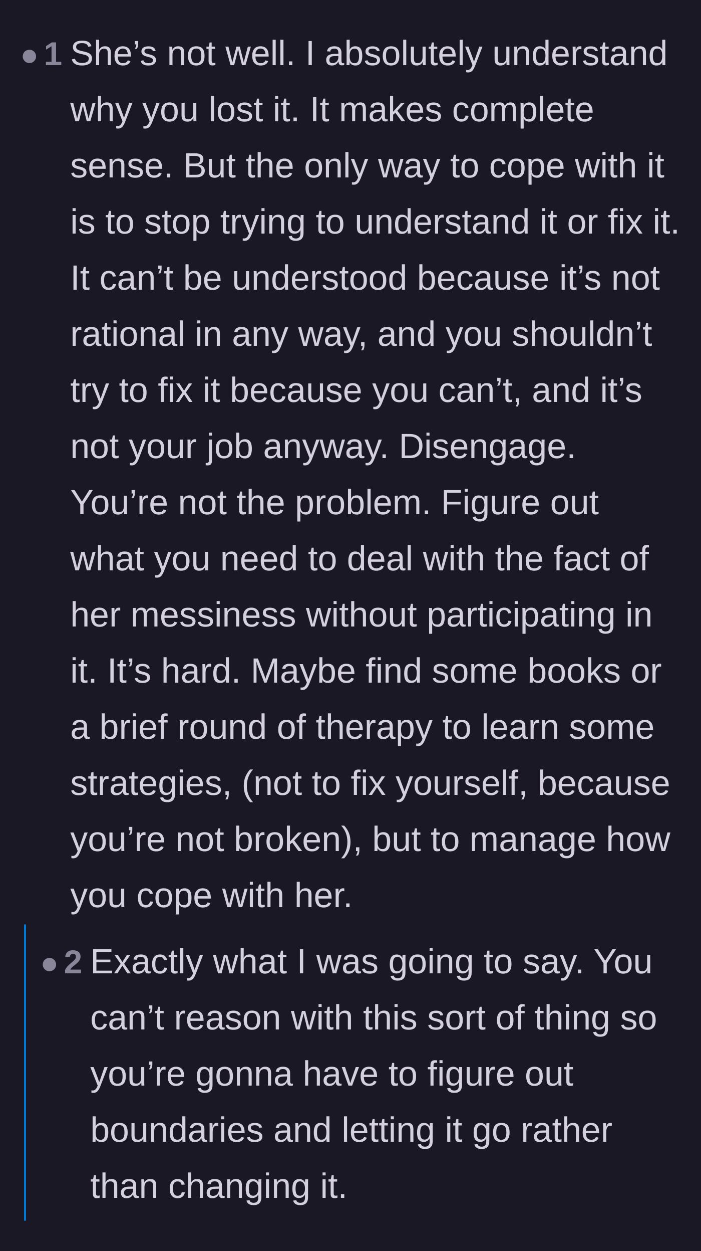 Comment thread 5 - Advice on letting go of the need to understand or fix irrational behavior