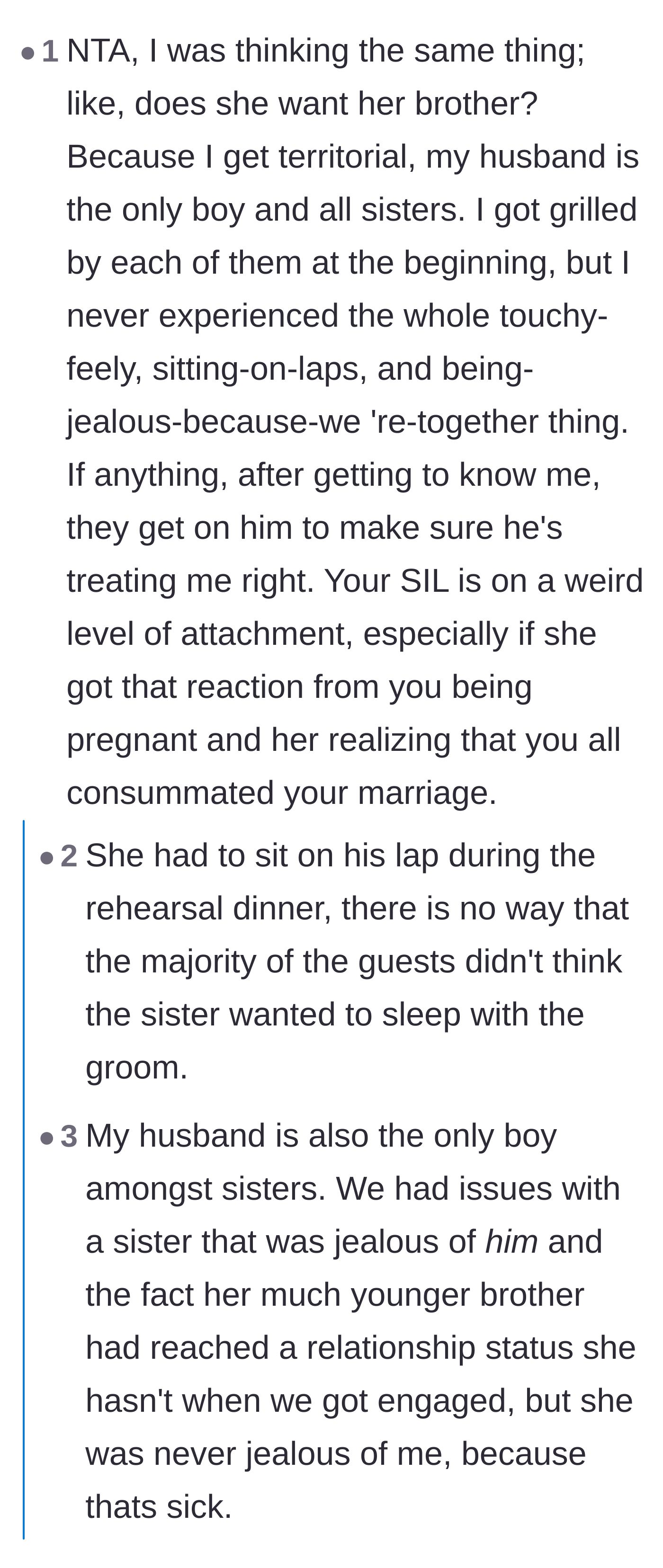 Comment thread 6 - Comparing normal sibling protectiveness to the sister-in-law's disturbing attachment