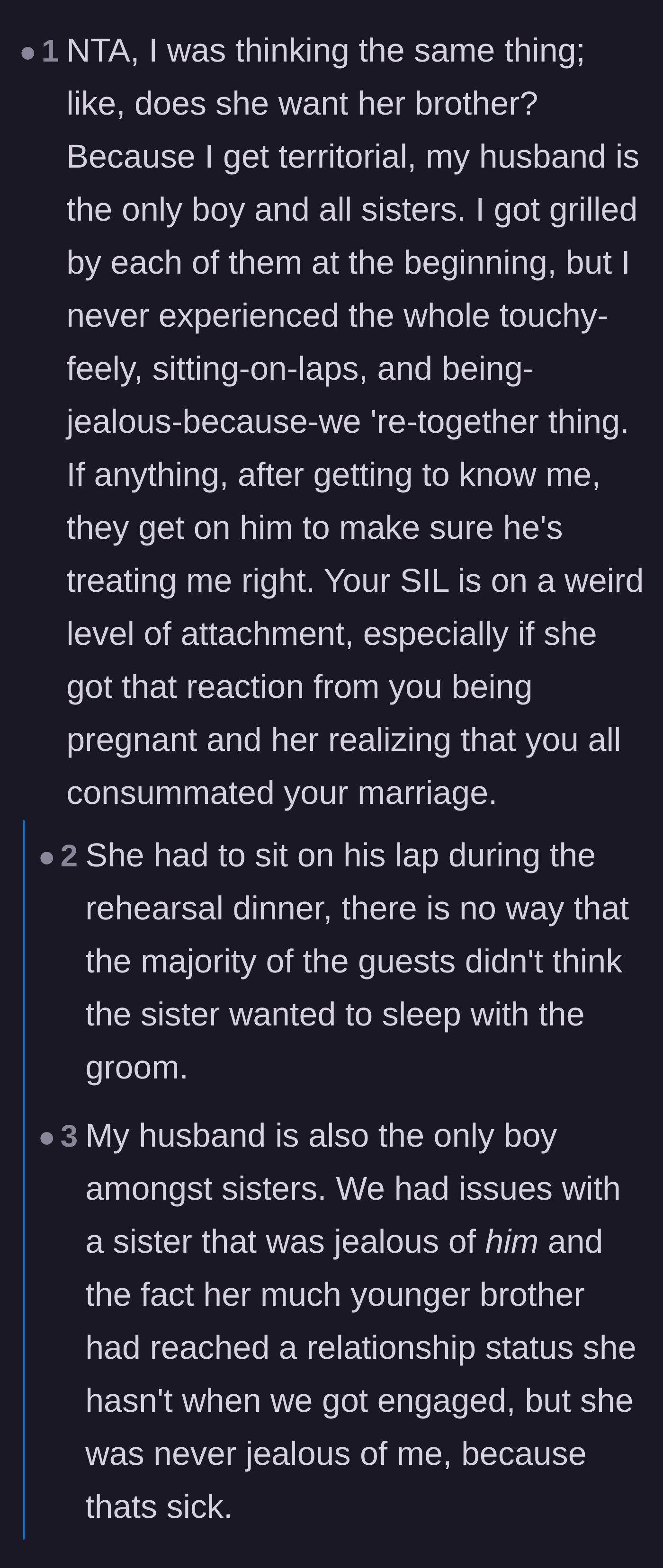 Comment thread 6 - Comparing normal sibling protectiveness to the sister-in-law's disturbing attachment