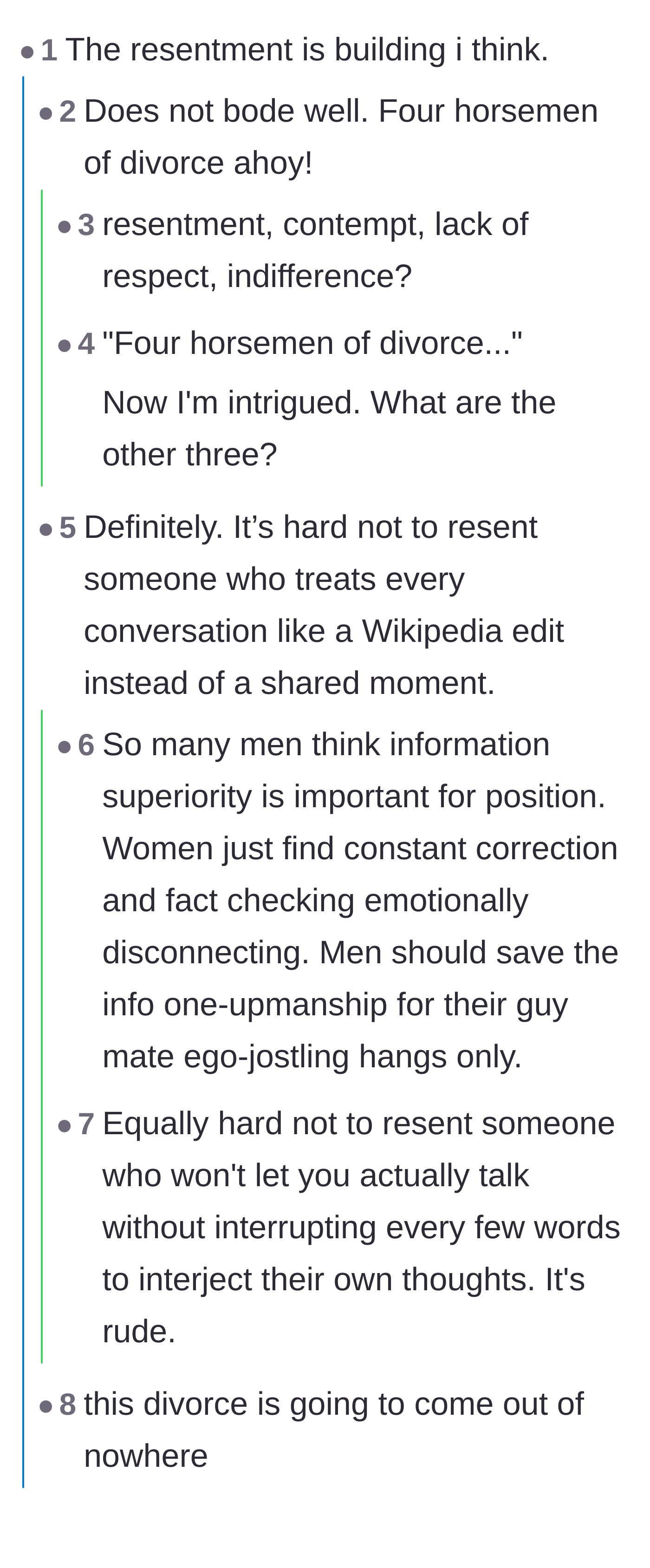 Comment thread 1 - Readers discussing Gottman's Four Horsemen of marriage and whether the relationship is doomed by contempt.