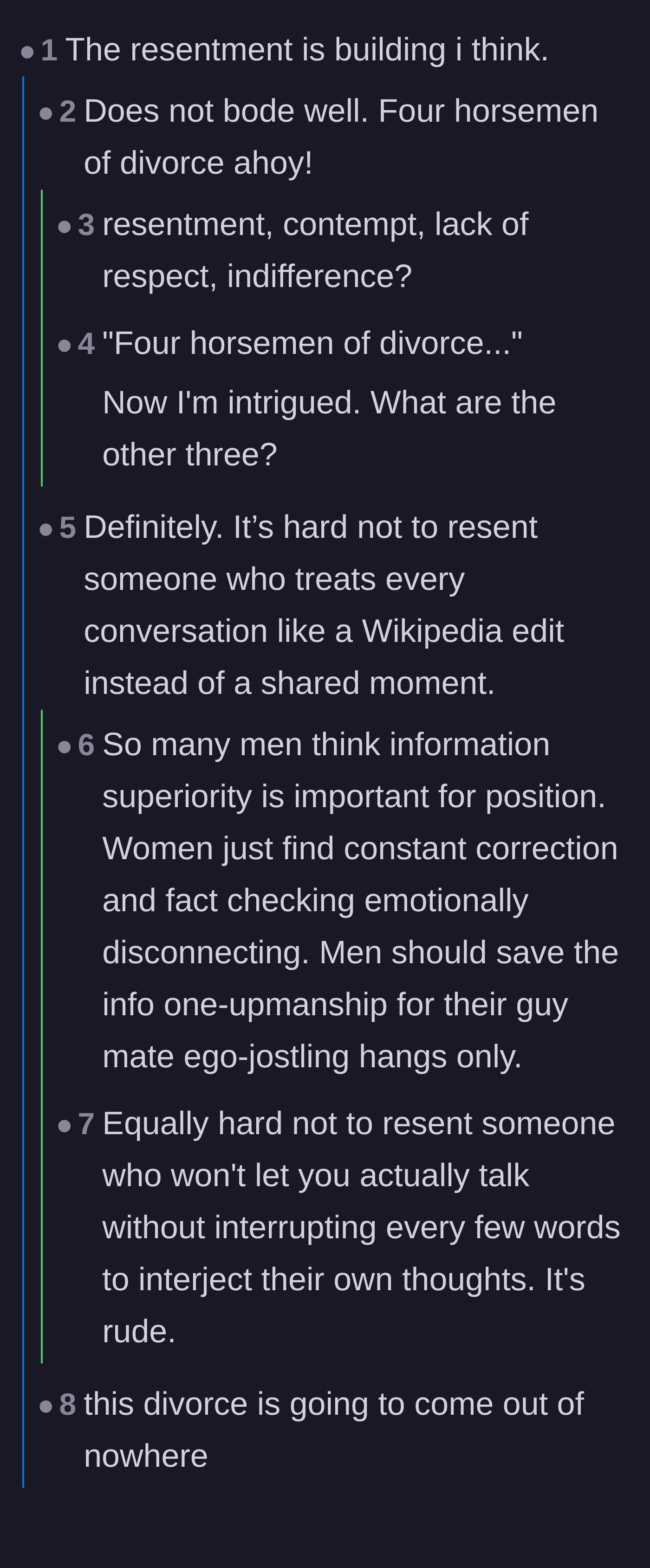 Comment thread 1 - Readers discussing Gottman's Four Horsemen of marriage and whether the relationship is doomed by contempt.