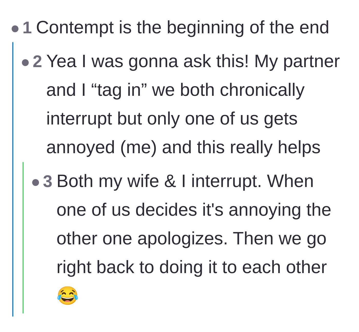 Comment thread 2 - A commenter sharing a funny system where they and their partner take turns interrupting each other without getting mad.
