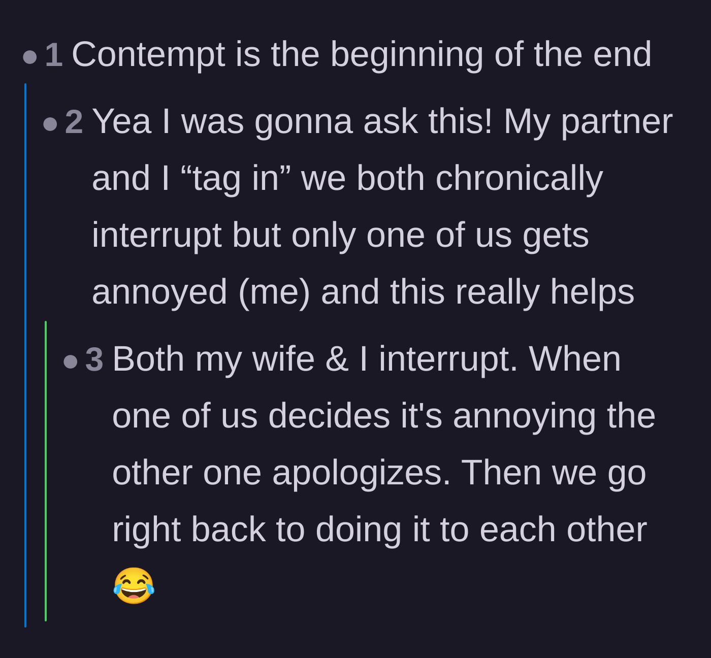 Comment thread 2 - A commenter sharing a funny system where they and their partner take turns interrupting each other without getting mad.