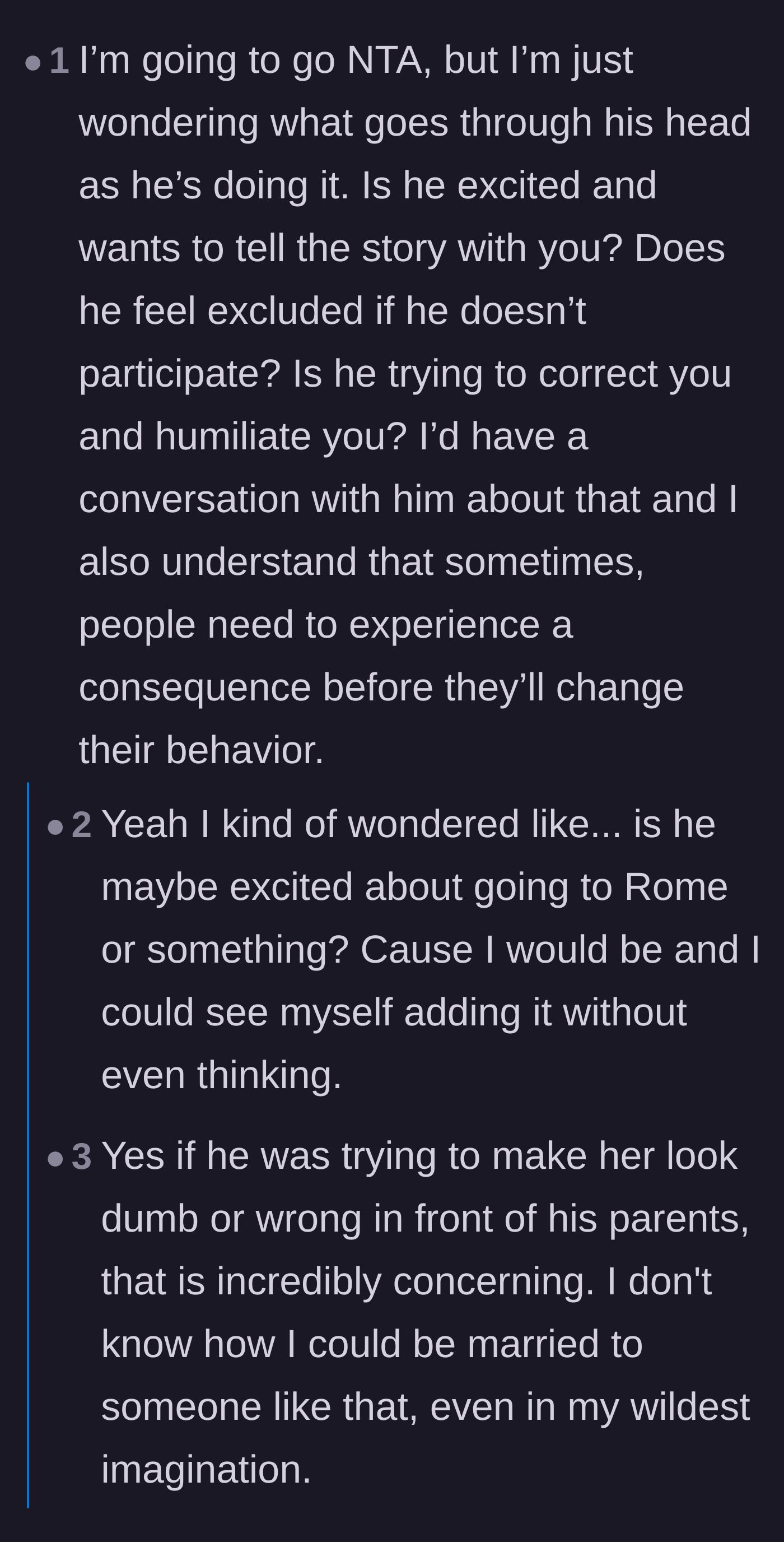 Comment thread 4 - A debate on whether the husband was just excitedly joining the conversation or being intentionally rude.