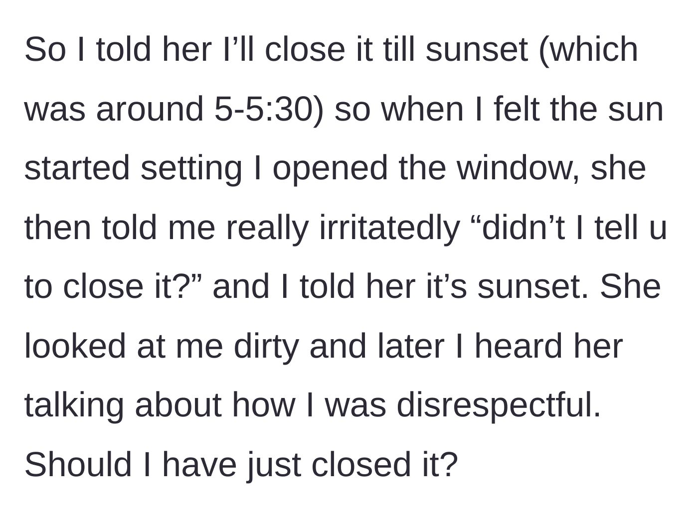 Story part 3 - The passenger opens the window for the sunset as promised, prompting angry scolding and dirty looks from the mother.