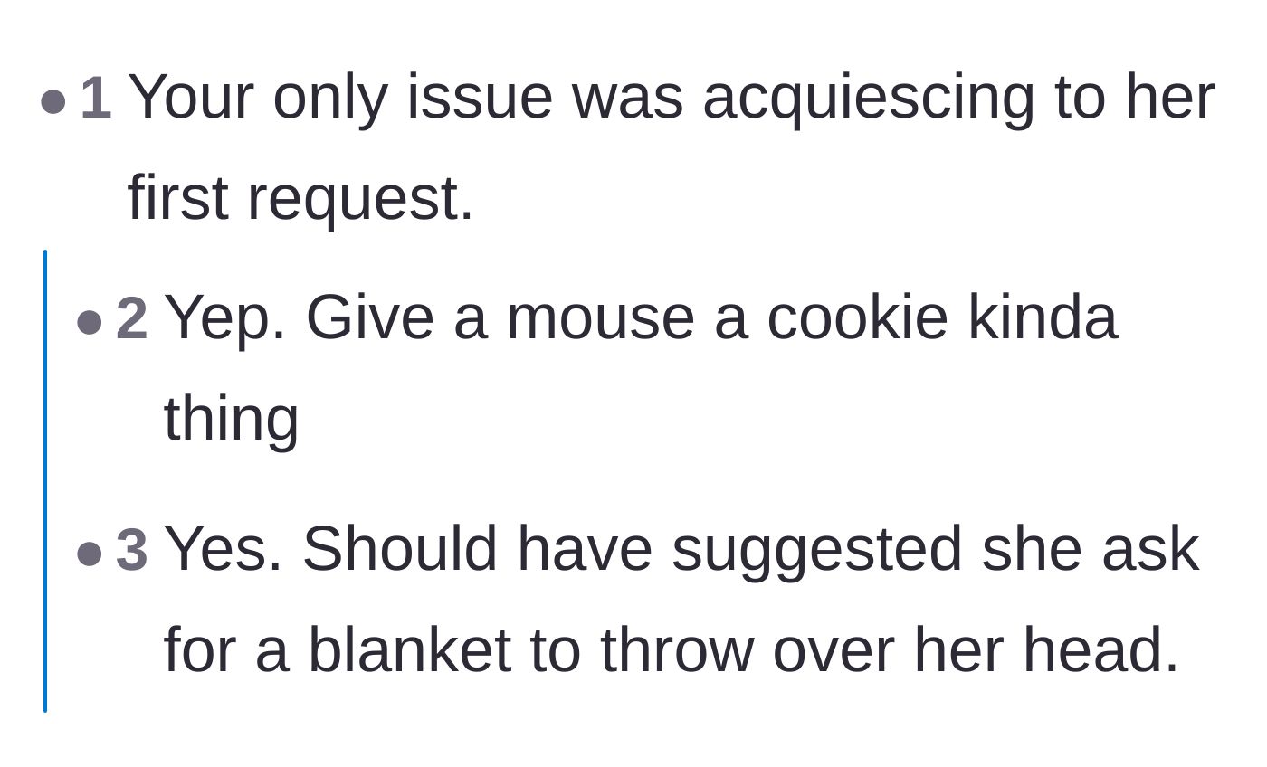 Comment thread 2 - Readers discussing how agreeing to the mother's initial demand set a precedent for her escalating entitlement.