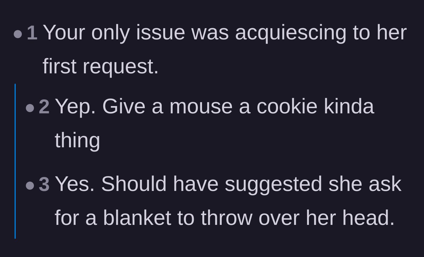 Comment thread 2 - Readers discussing how agreeing to the mother's initial demand set a precedent for her escalating entitlement.